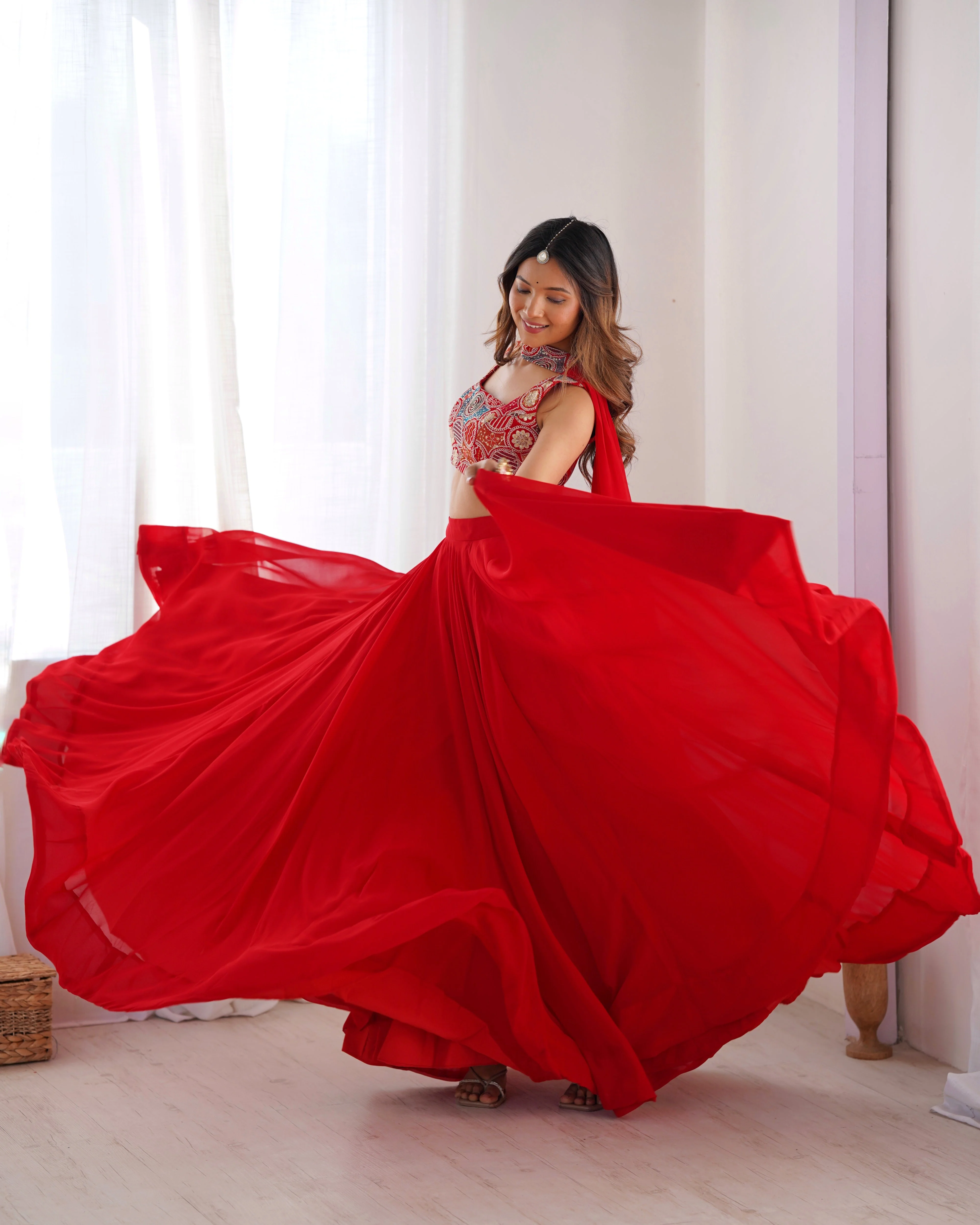 Red Pure Soft Fox Georgette Lehenga Set With Huge Flair & Dupatta - Image 7