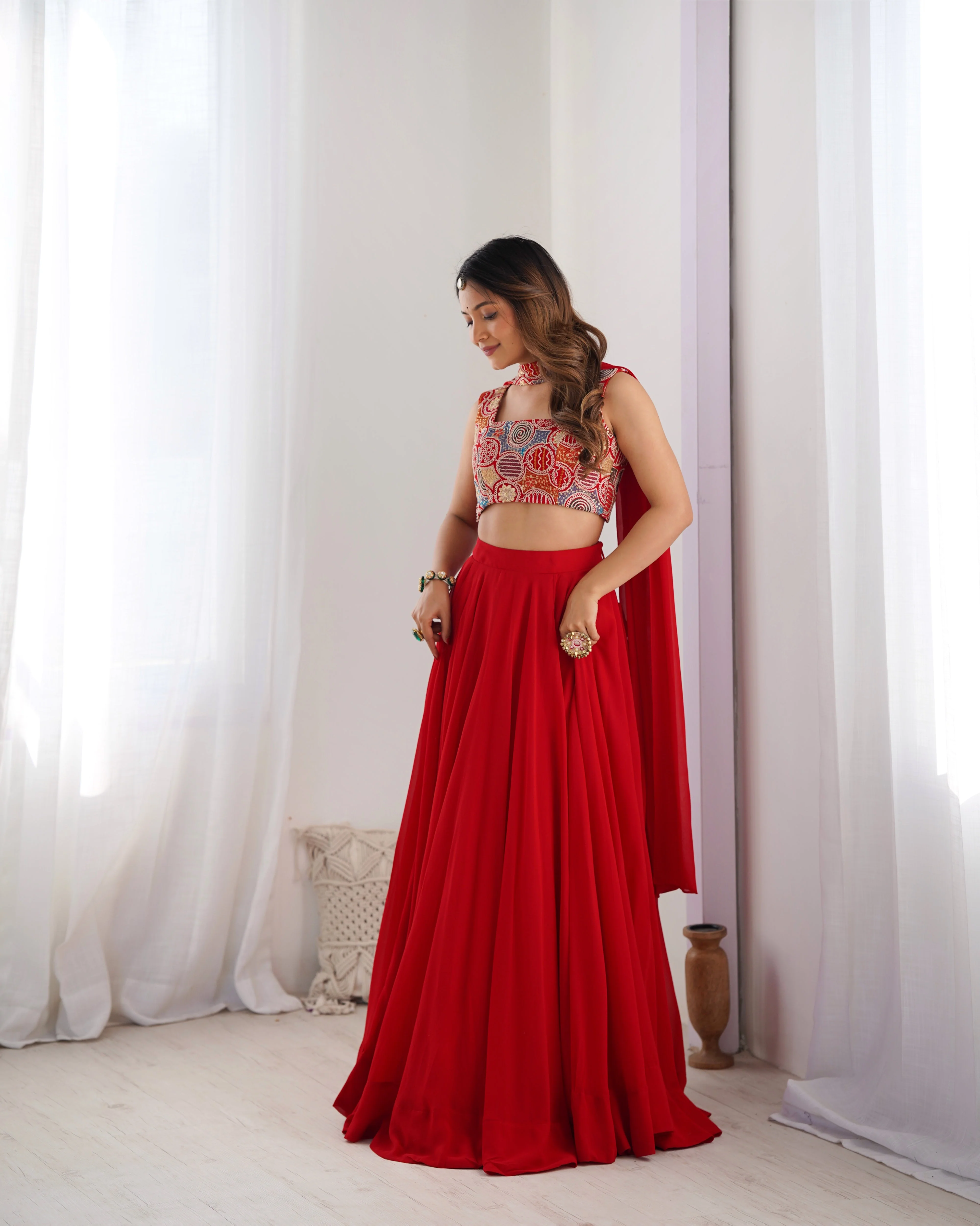 Red Pure Soft Fox Georgette Lehenga Set With Huge Flair & Dupatta - Image 8
