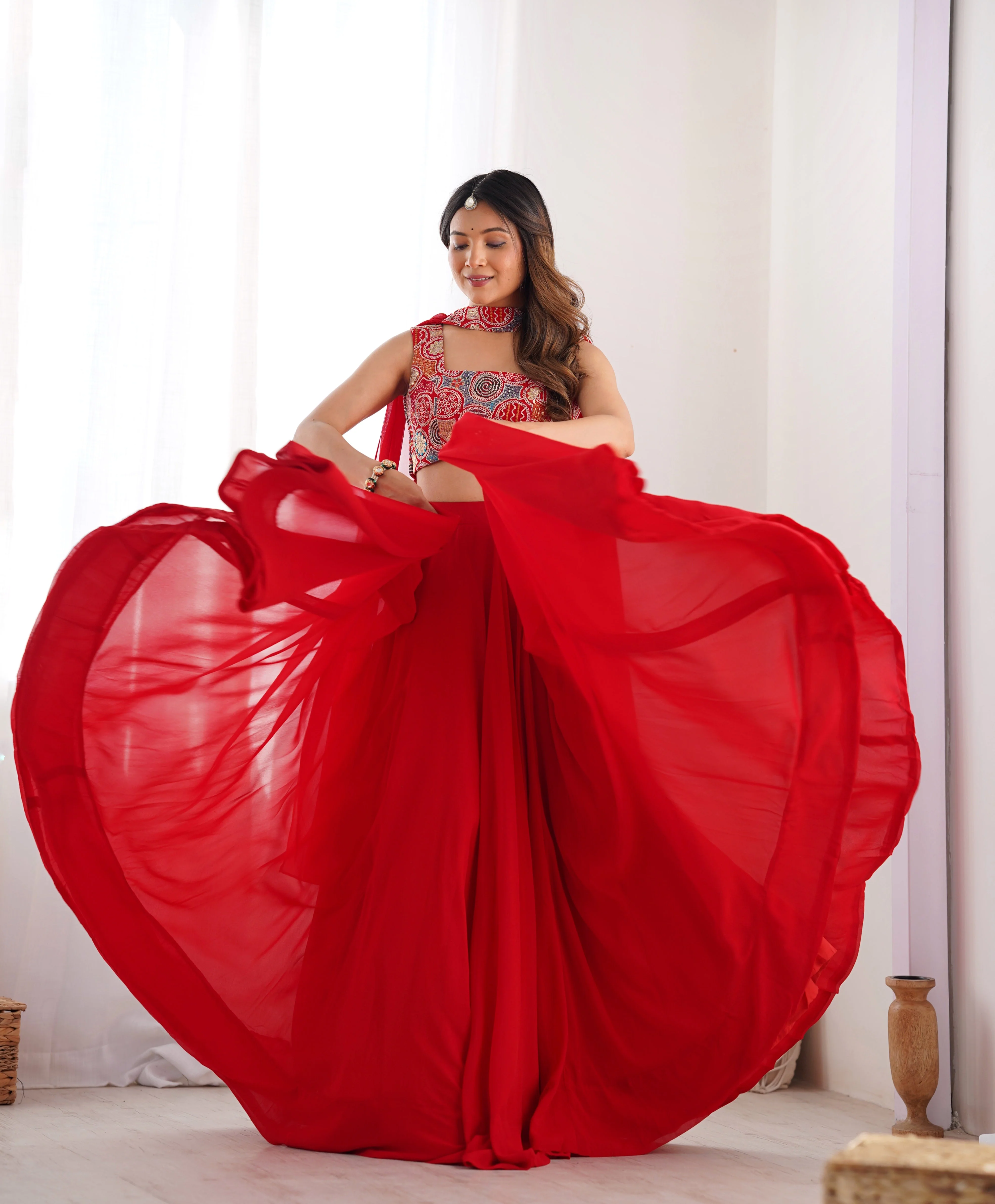 Red Pure Soft Fox Georgette Lehenga Set With Huge Flair & Dupatta - Image 9