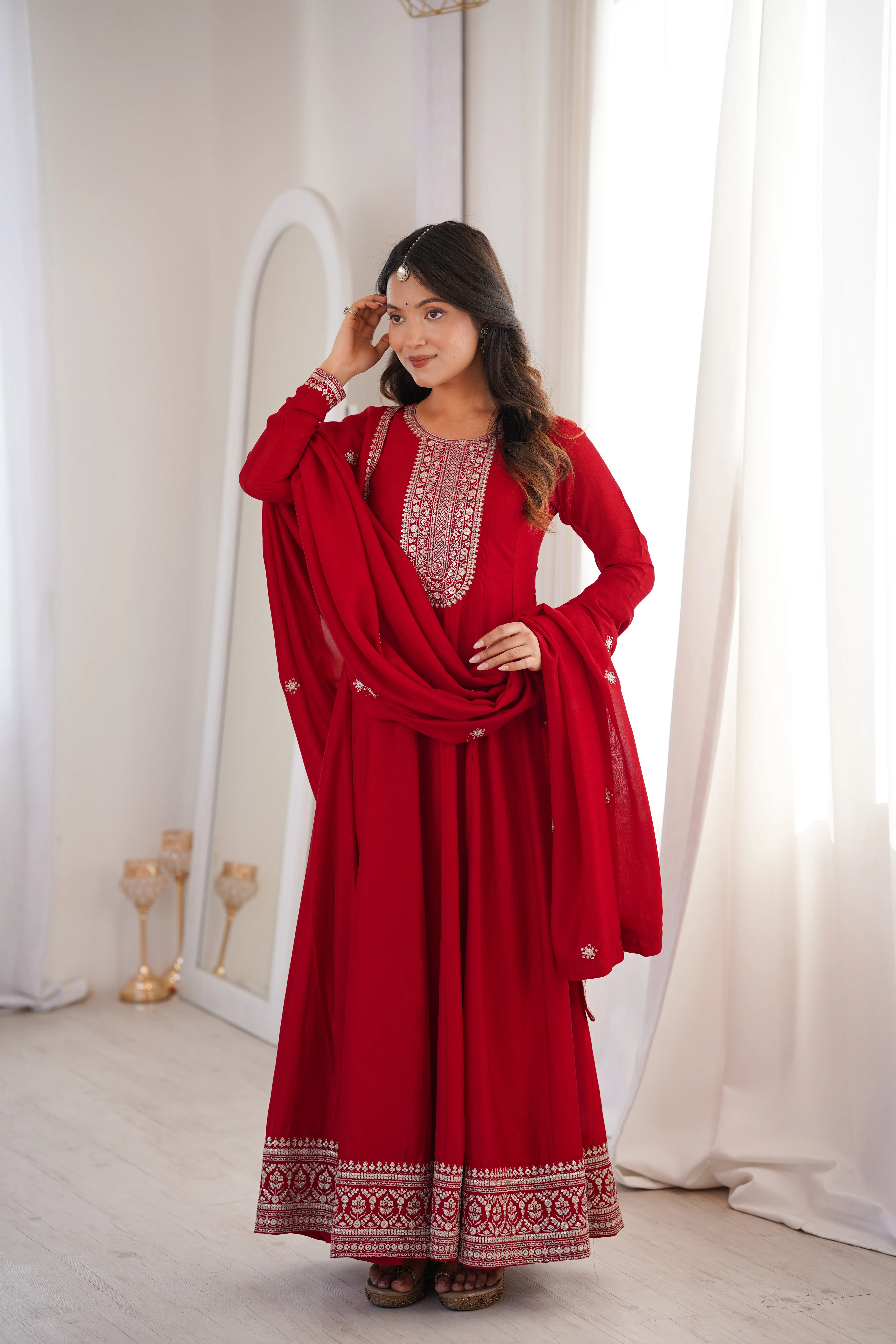 Red Pure Vichitra Silk Flared Anarkali Gown Set With Dupatta - Image 2