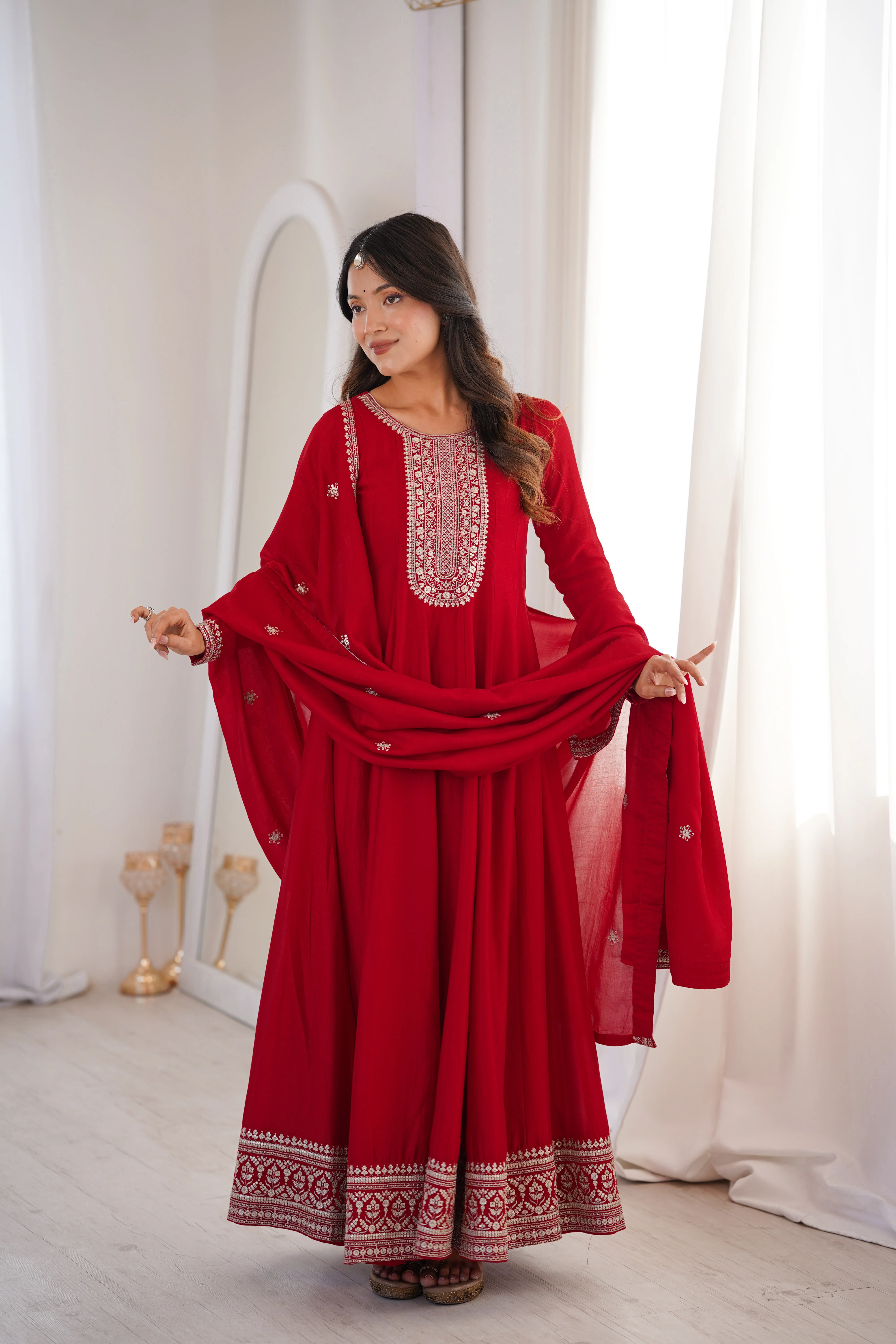 Red Pure Vichitra Silk Flared Anarkali Gown Set With Dupatta - Image 3