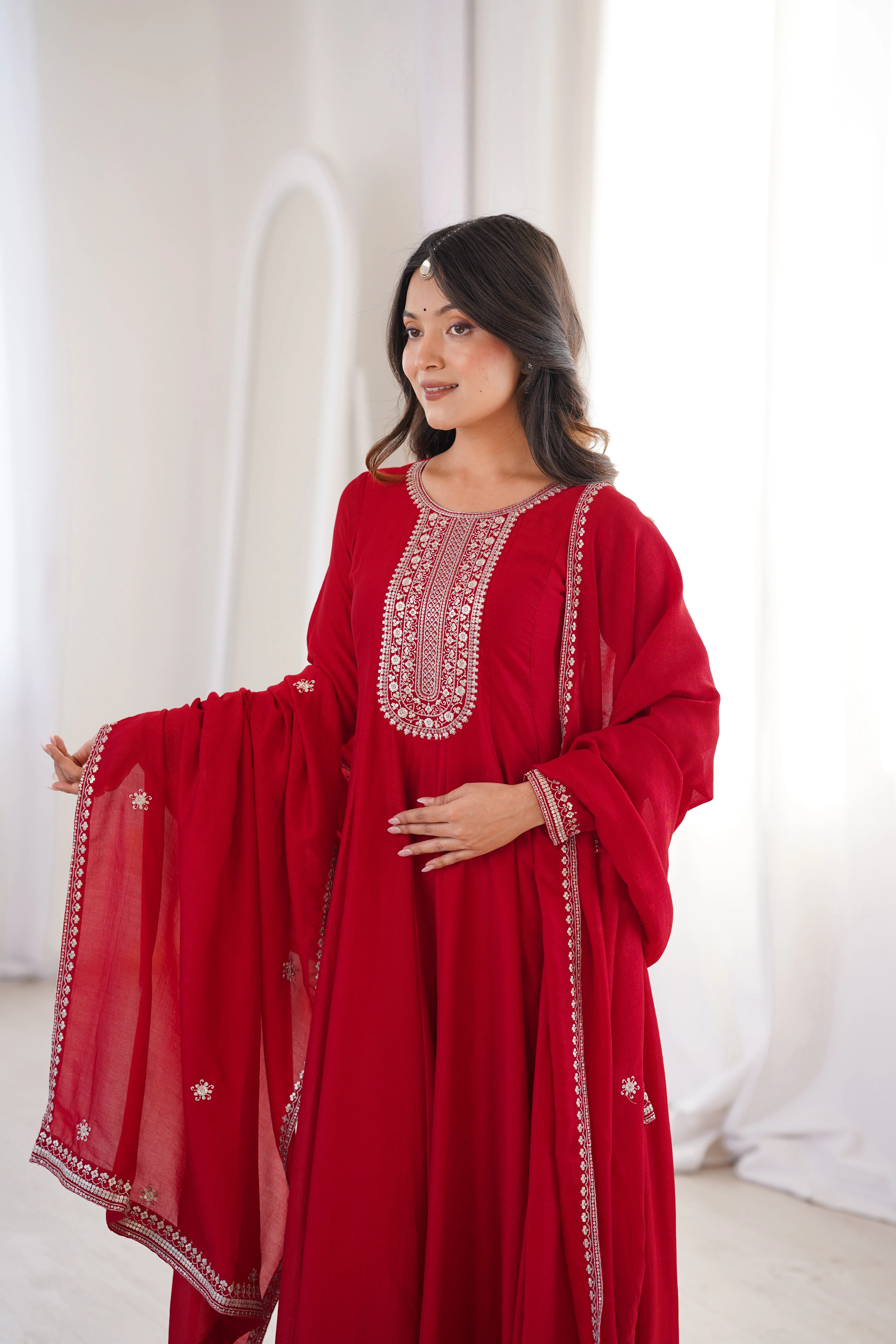 Red Pure Vichitra Silk Flared Anarkali Gown Set With Dupatta - Image 4