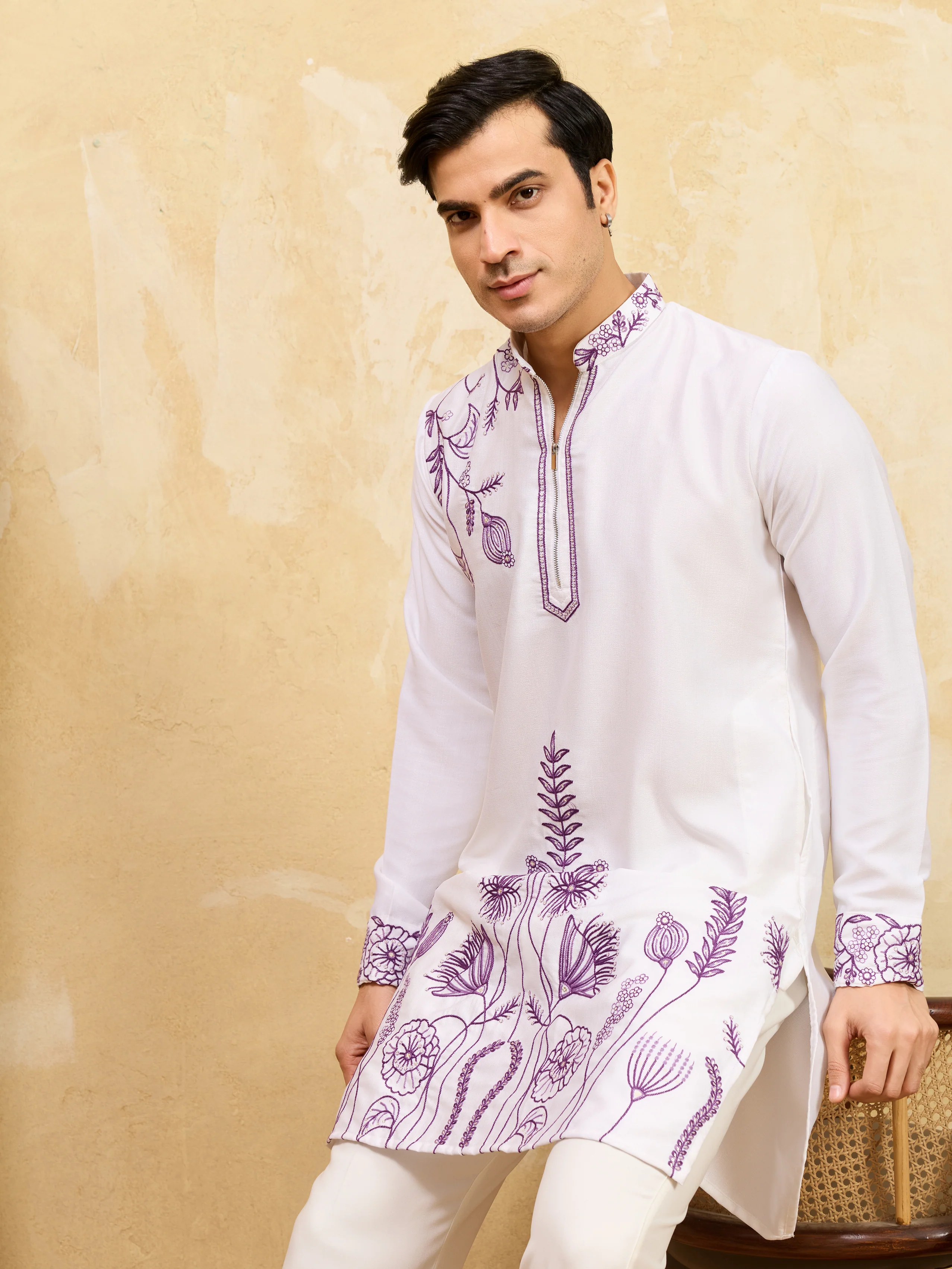 Regal Khadi Silk White Kurta with Purple Thread Work - Image 2