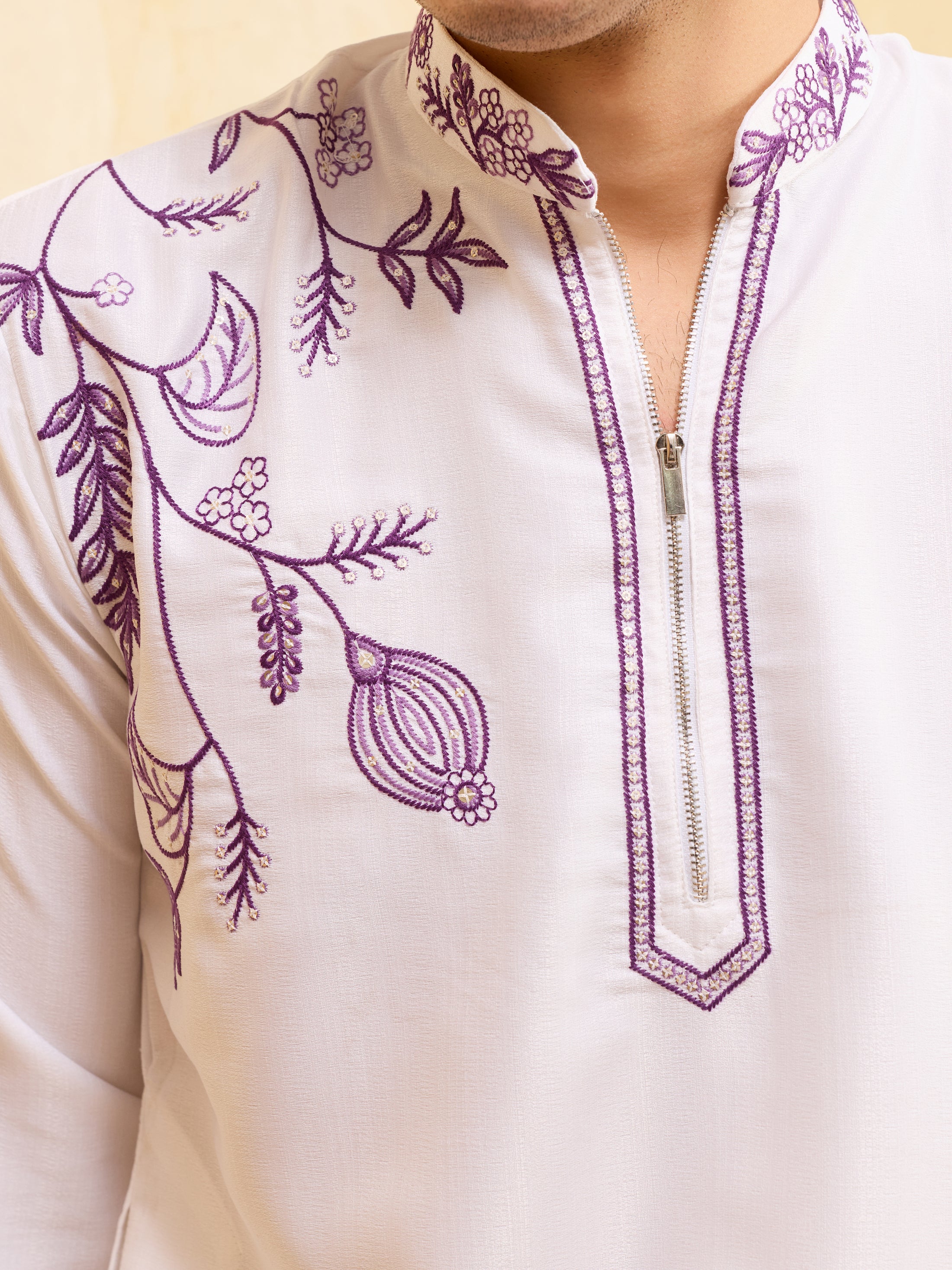 Regal Khadi Silk White Kurta with Purple Thread Work - Image 3
