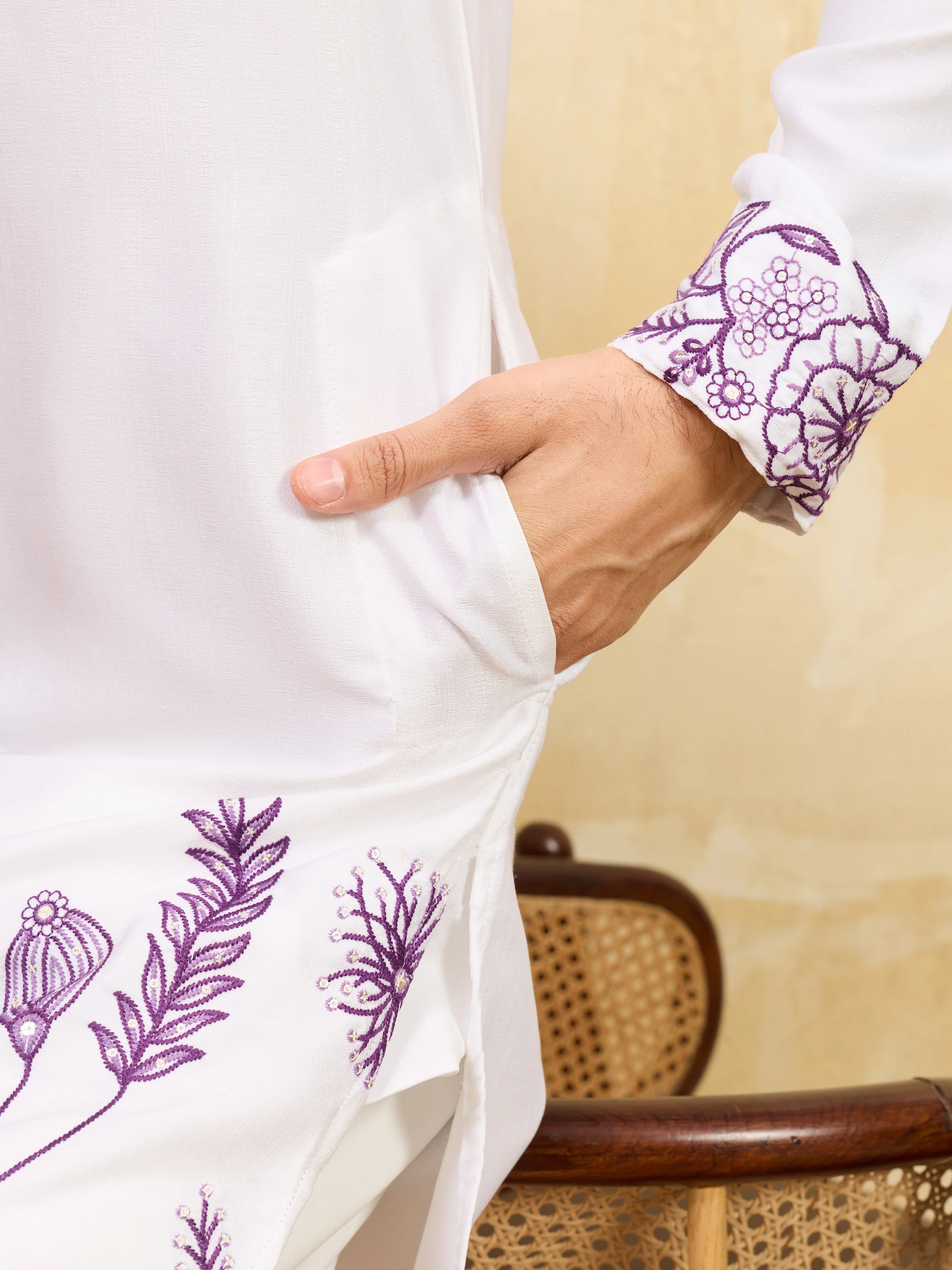 Regal Khadi Silk White Kurta with Purple Thread Work - Image 4