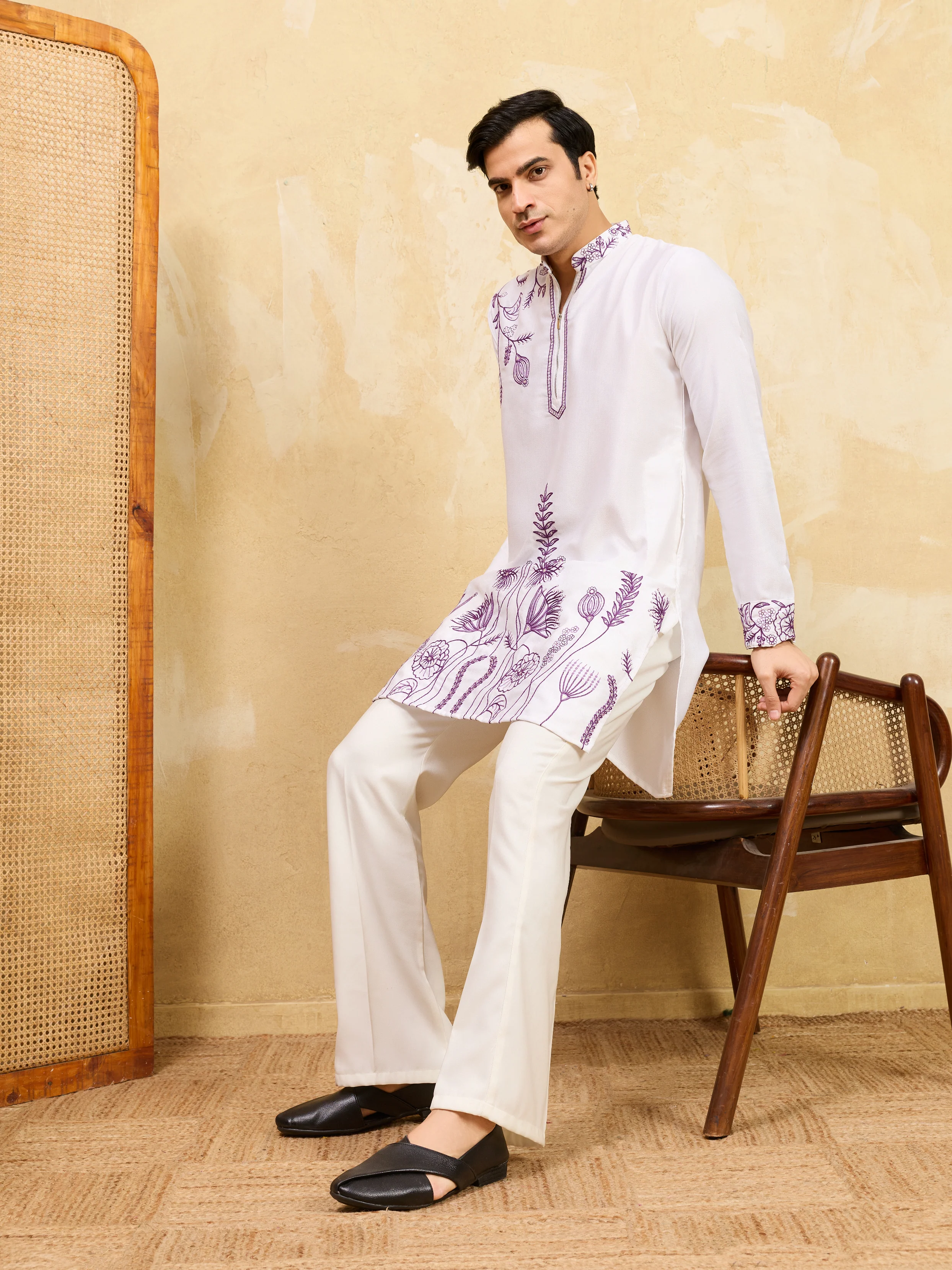 Regal Khadi Silk White Kurta with Purple Thread Work - Image 5