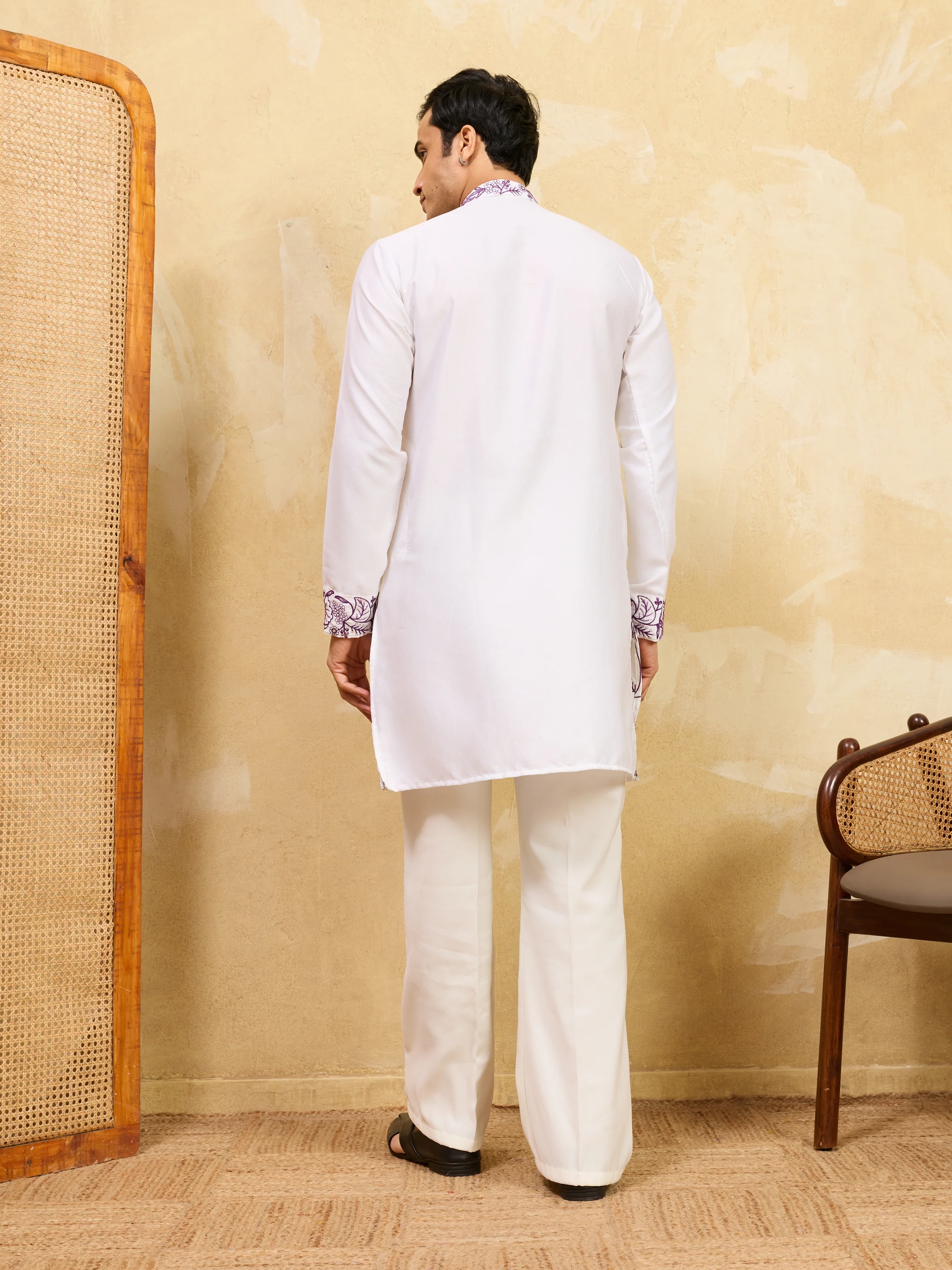 Regal Khadi Silk White Kurta with Purple Thread Work - Image 7