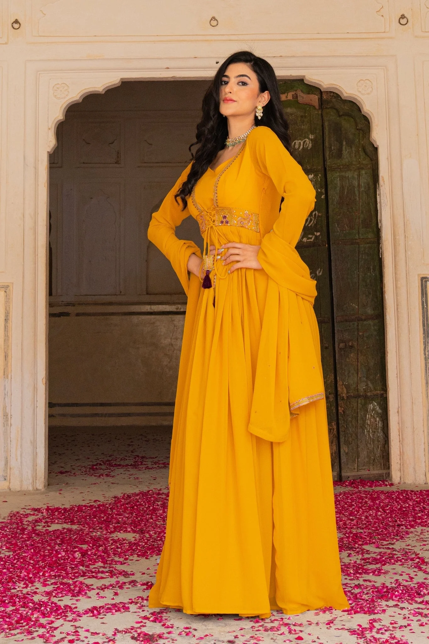 Regal Mustard Georgette Anarkali Adorned With Intricate Embroidery - Image 4