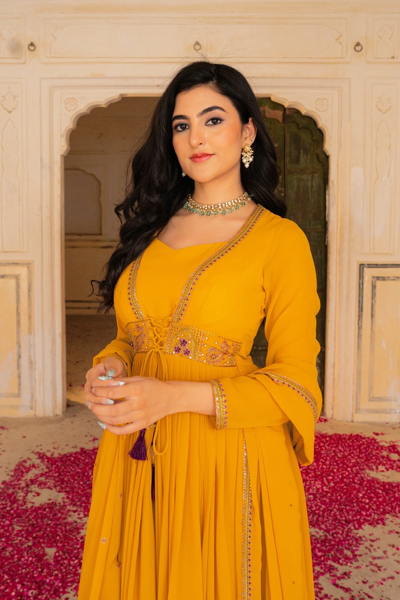 Regal Mustard Georgette Anarkali Adorned With Intricate Embroidery - Image 7