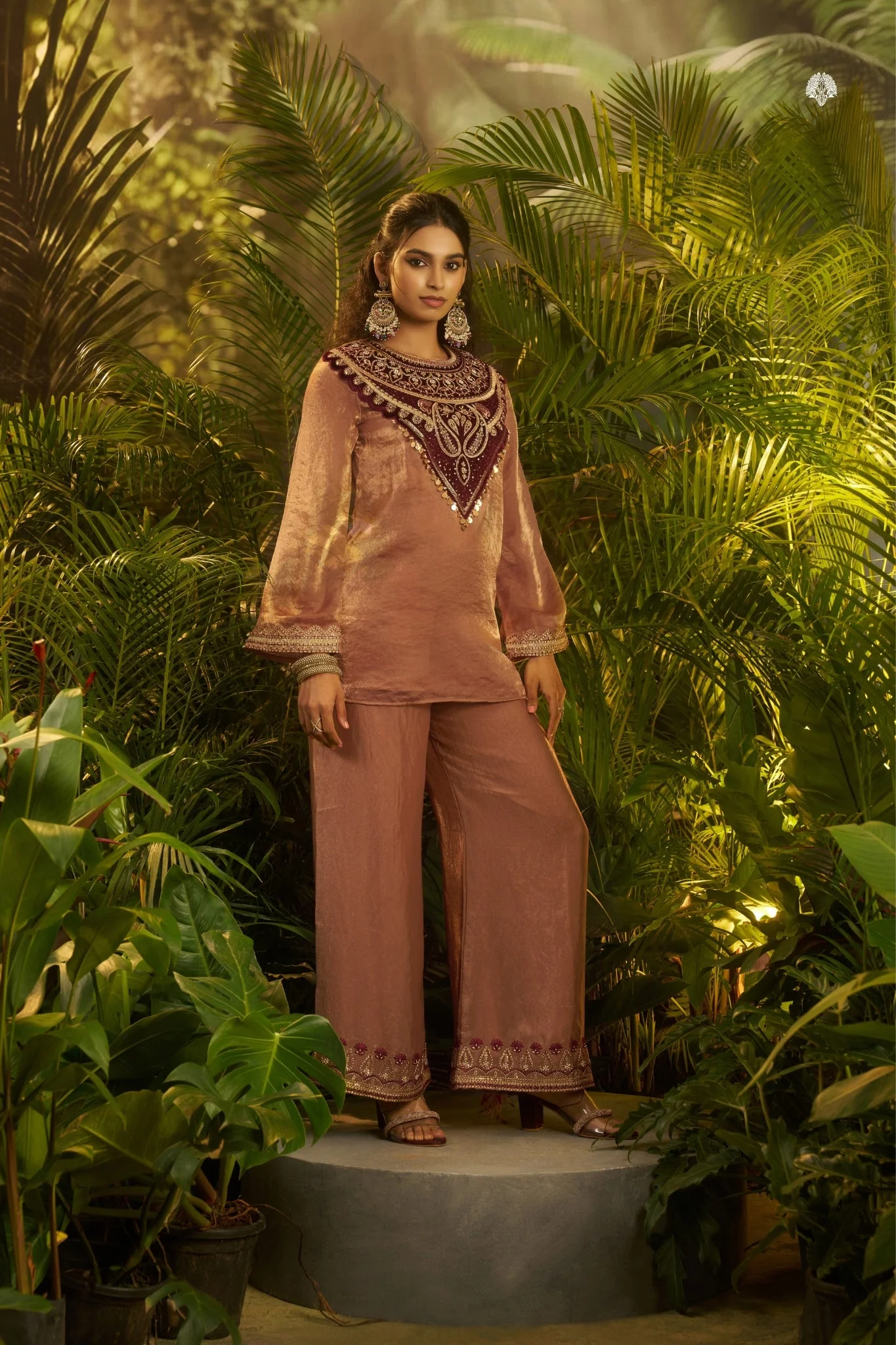 Rose Gold Fendi Co Ord Set With Velvet Patch And Sequins Detailing - Image 3