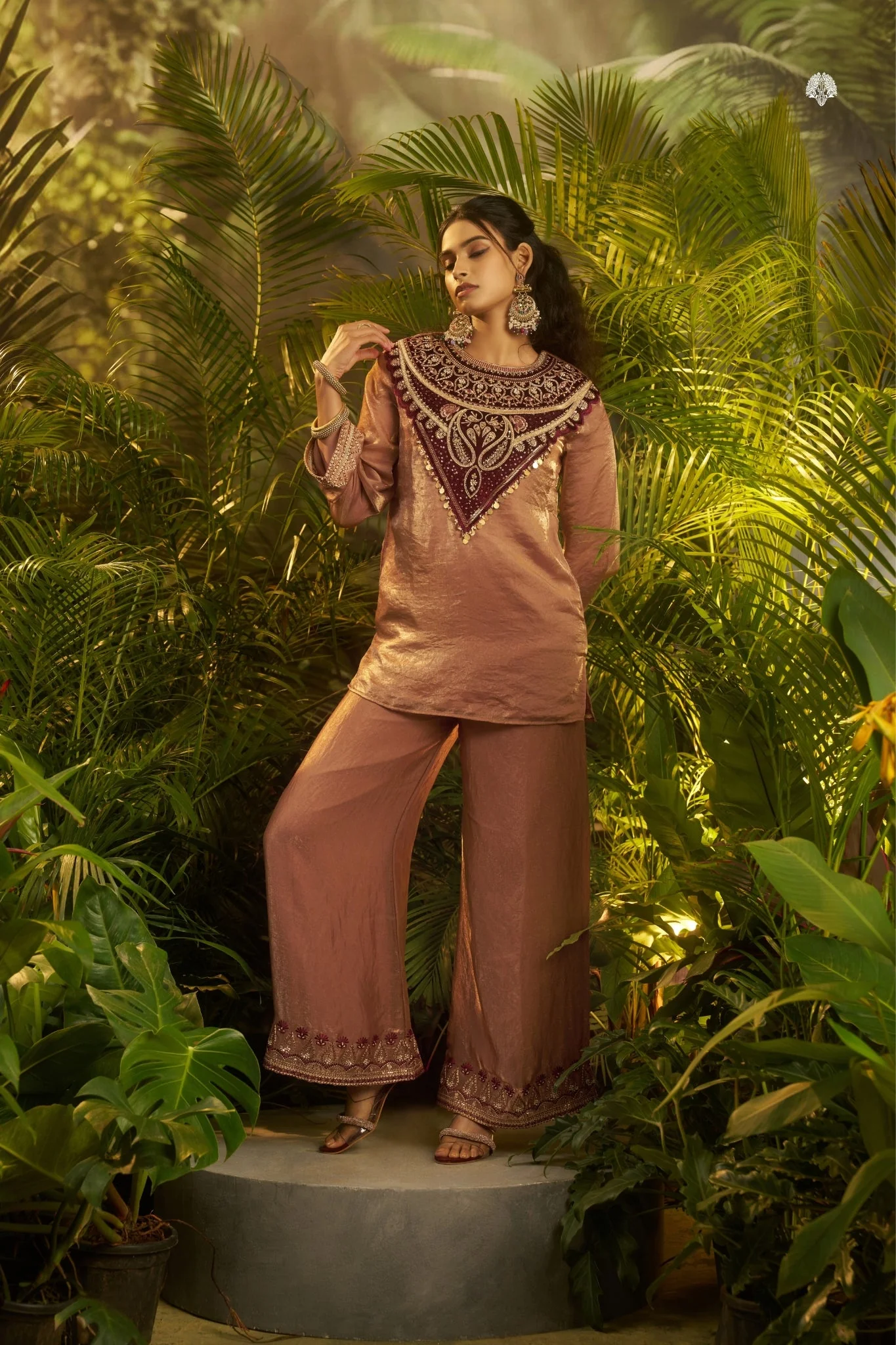 Rose Gold Fendi Co Ord Set With Velvet Patch And Sequins Detailing - Image 4