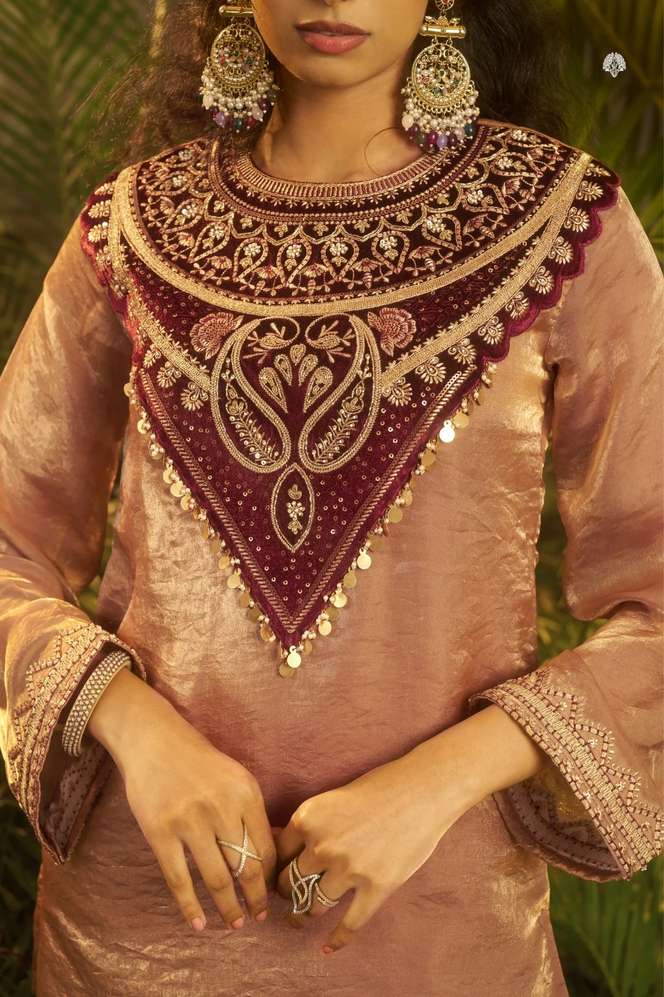 Rose Gold Fendi Co Ord Set With Velvet Patch And Sequins Detailing - Image 7