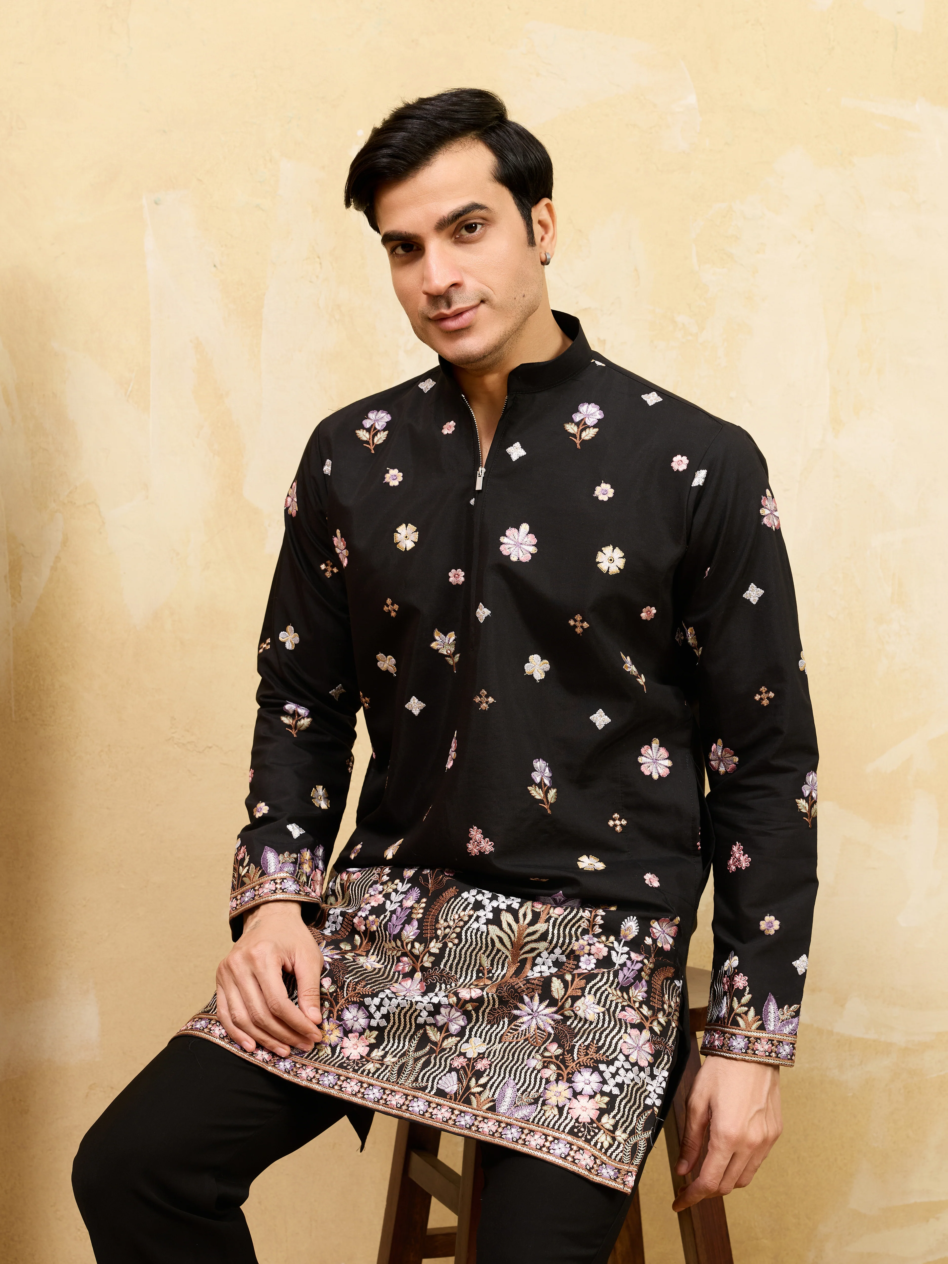 Royal Black Embroidered Designer Kurta Set with Premium Finish - Image 2