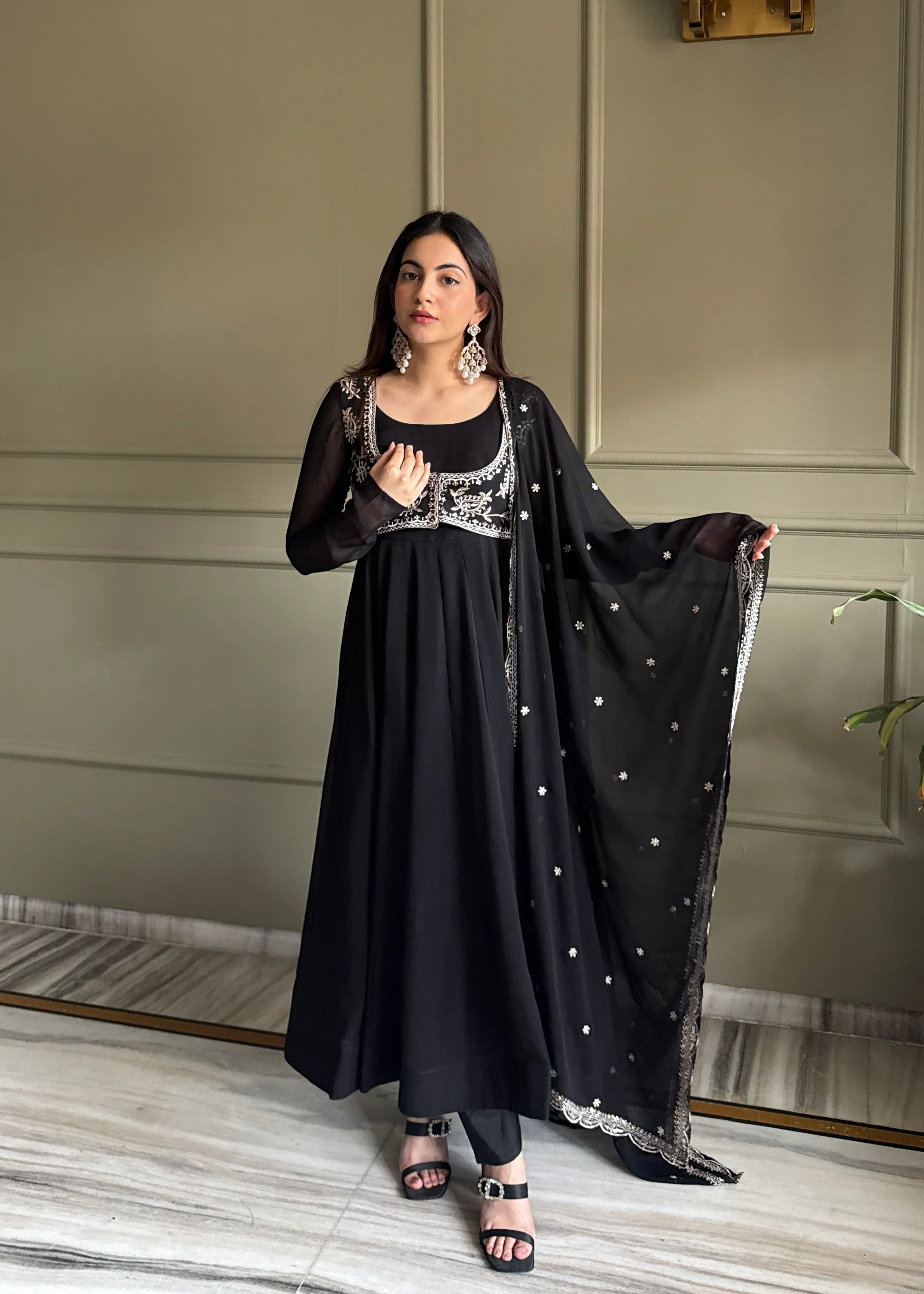 Royal Black Fox Georgette Embroidery Anarkali Gown Set with Dupatta