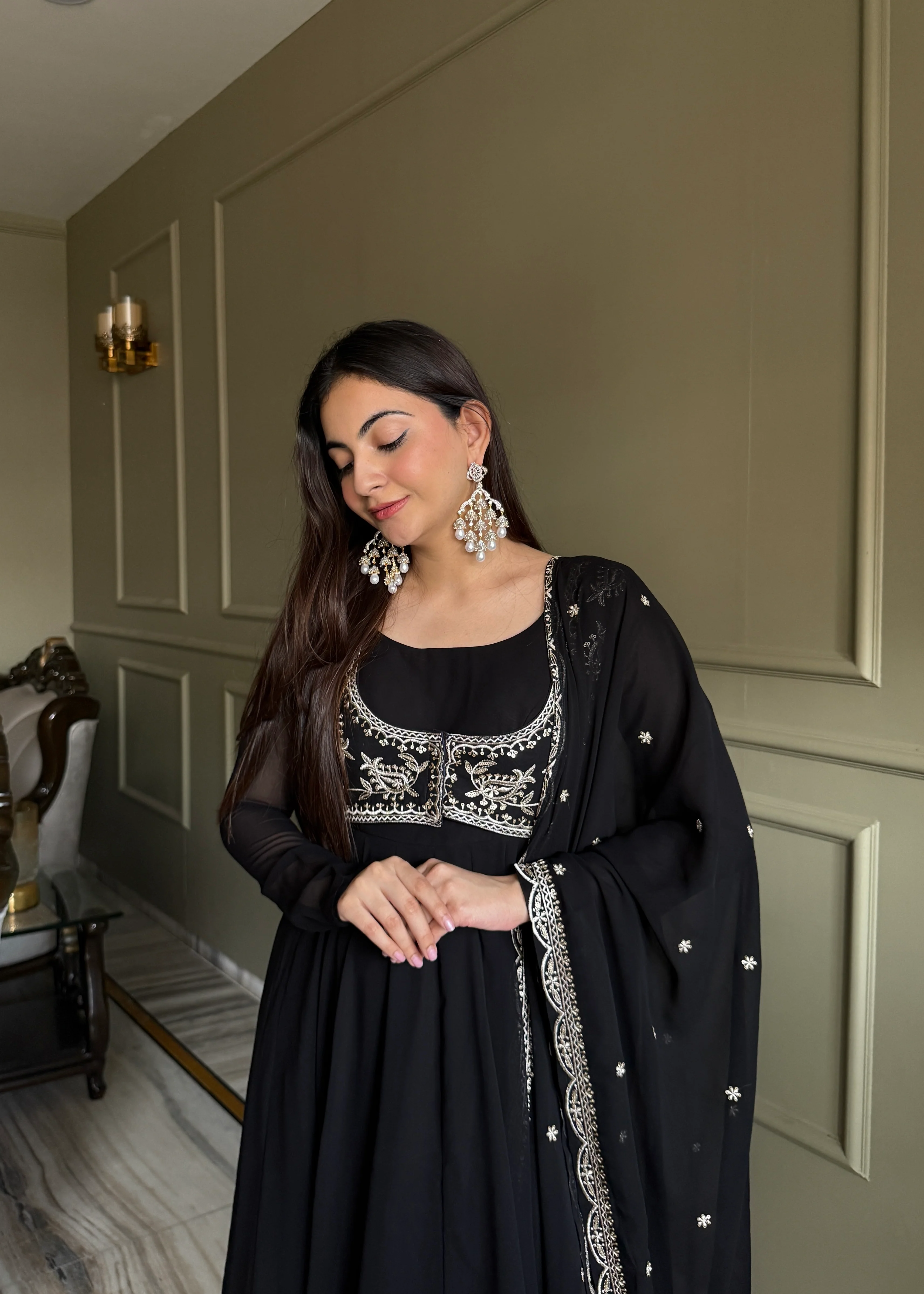 Royal Black Fox Georgette Embroidery Anarkali Gown Set with Dupatta - Image 2