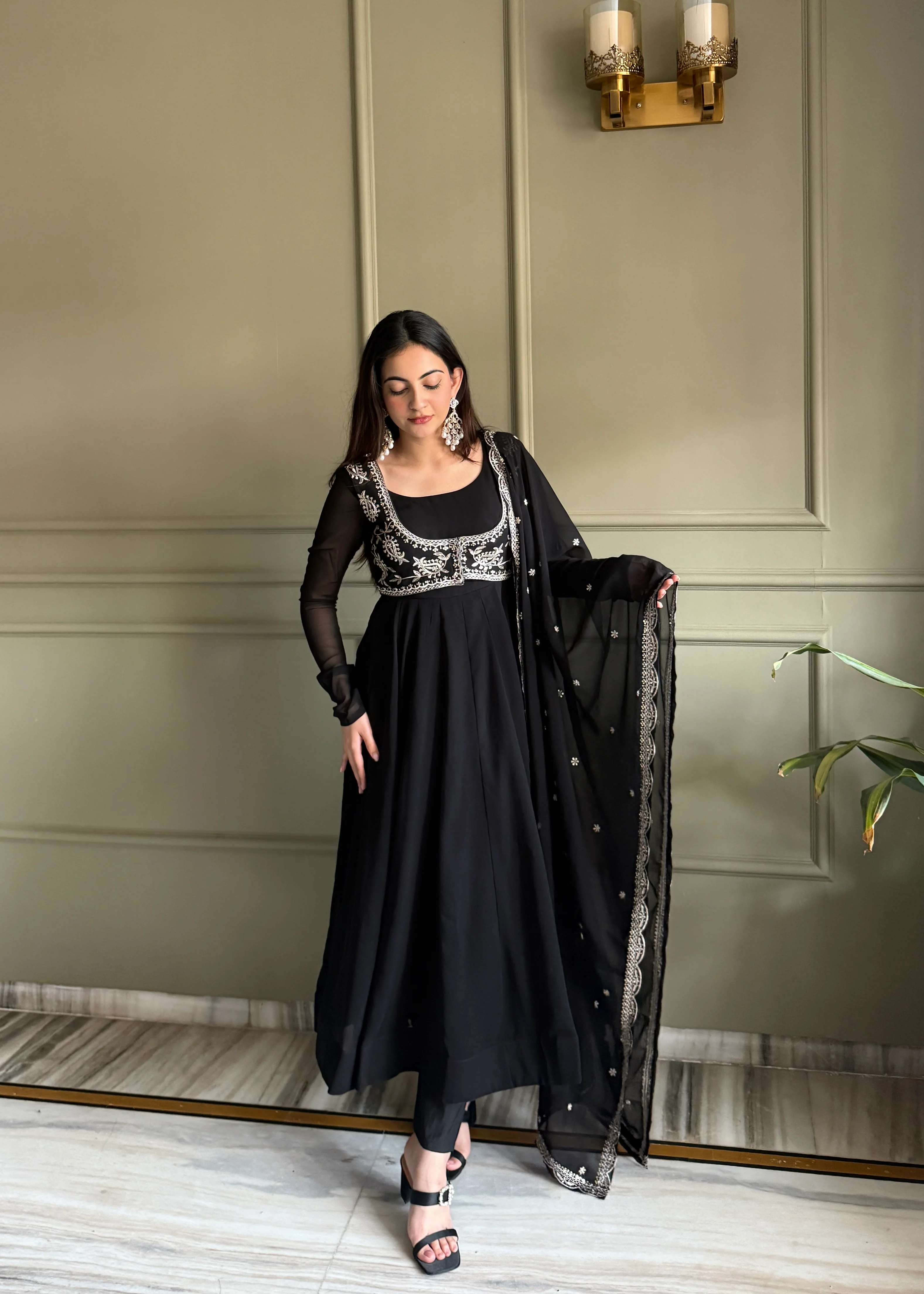 Royal Black Fox Georgette Embroidery Anarkali Gown Set with Dupatta - Image 3