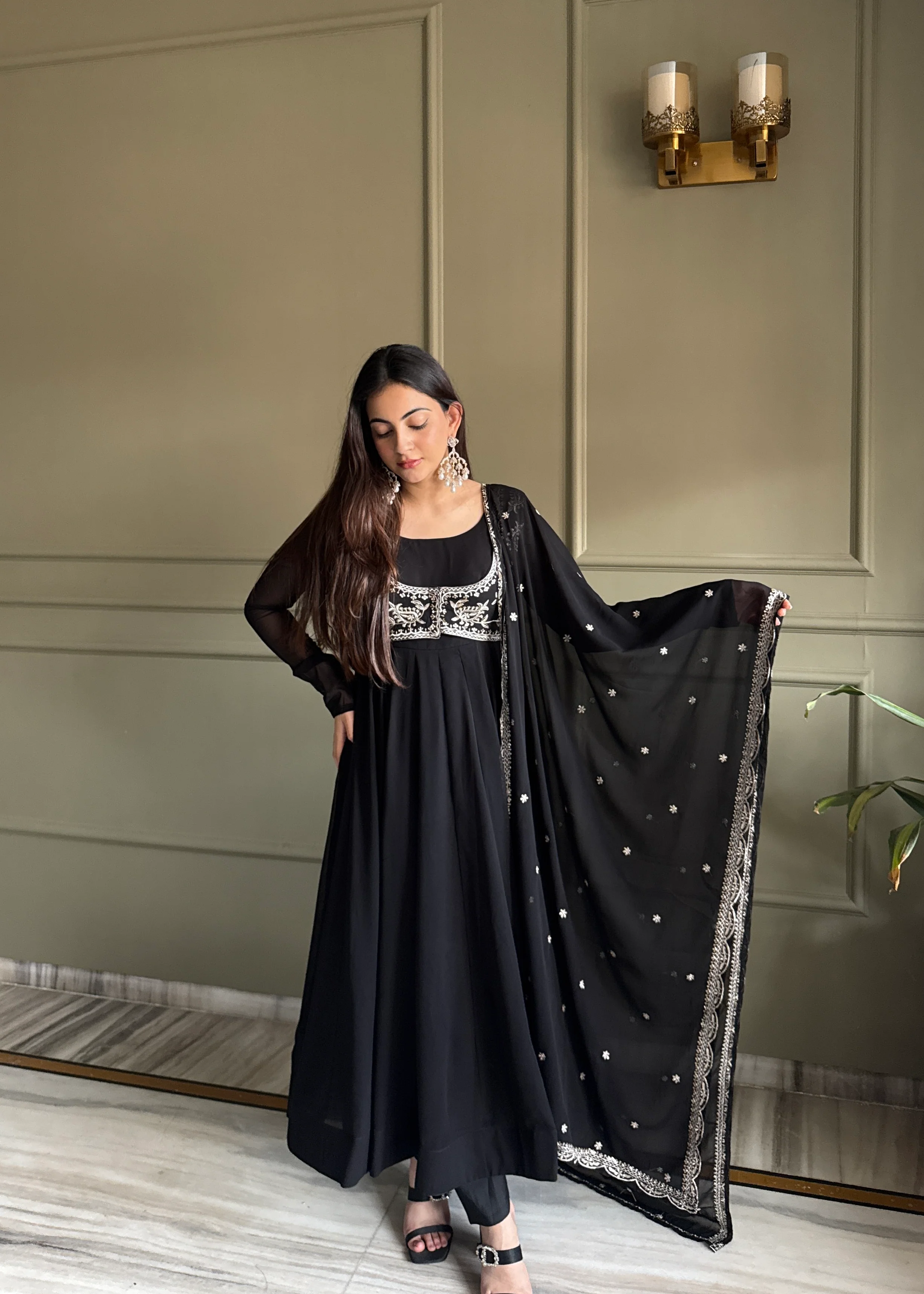 Royal Black Fox Georgette Embroidery Anarkali Gown Set with Dupatta - Image 4