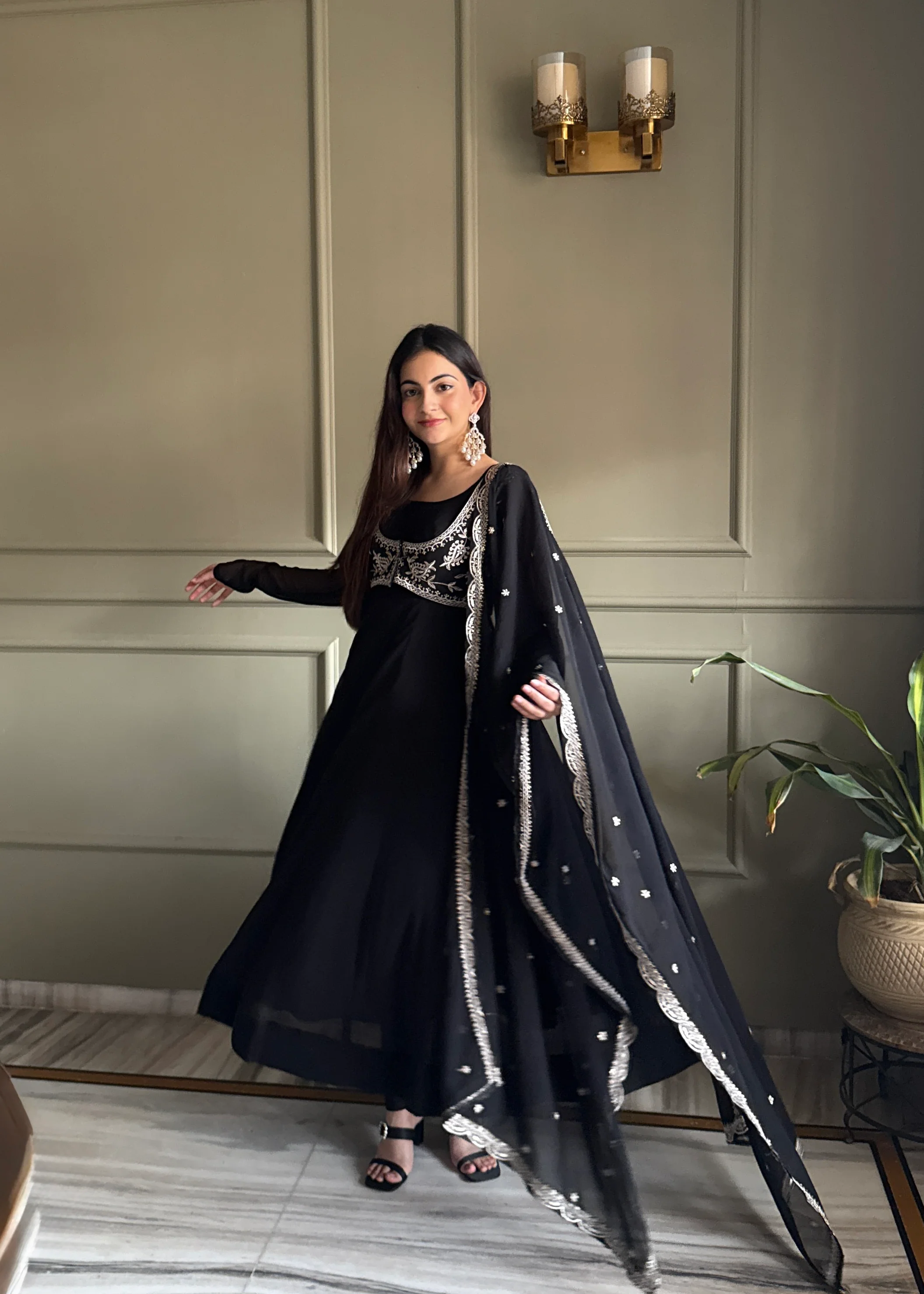 Royal Black Fox Georgette Embroidery Anarkali Gown Set with Dupatta - Image 5