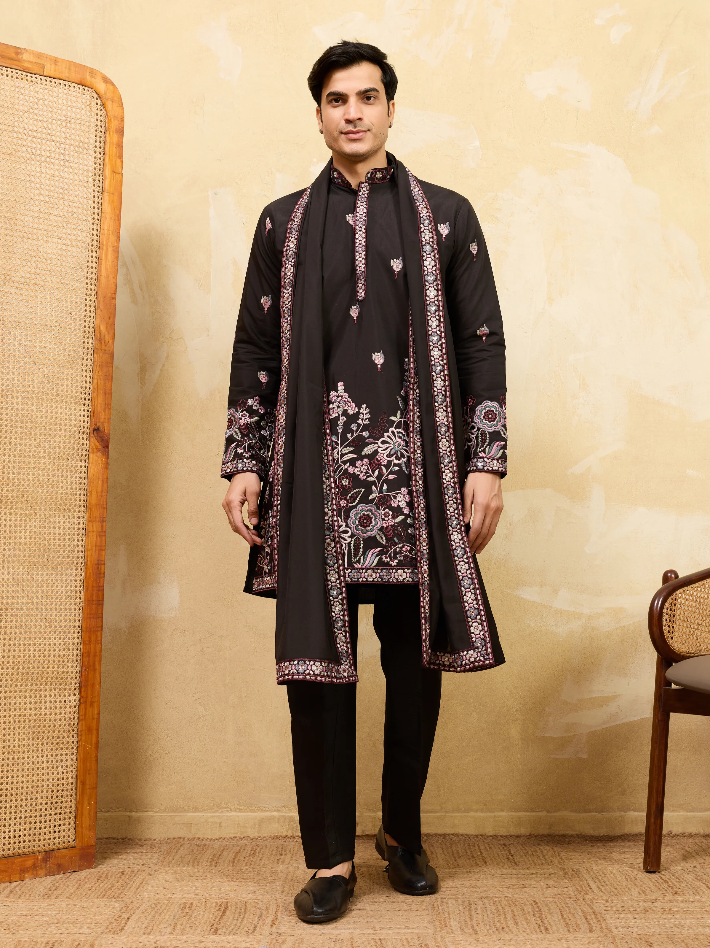 Royal Black Viscose Silk Kurta and Dupatta Set for Men Ethnic Wear - Image 6