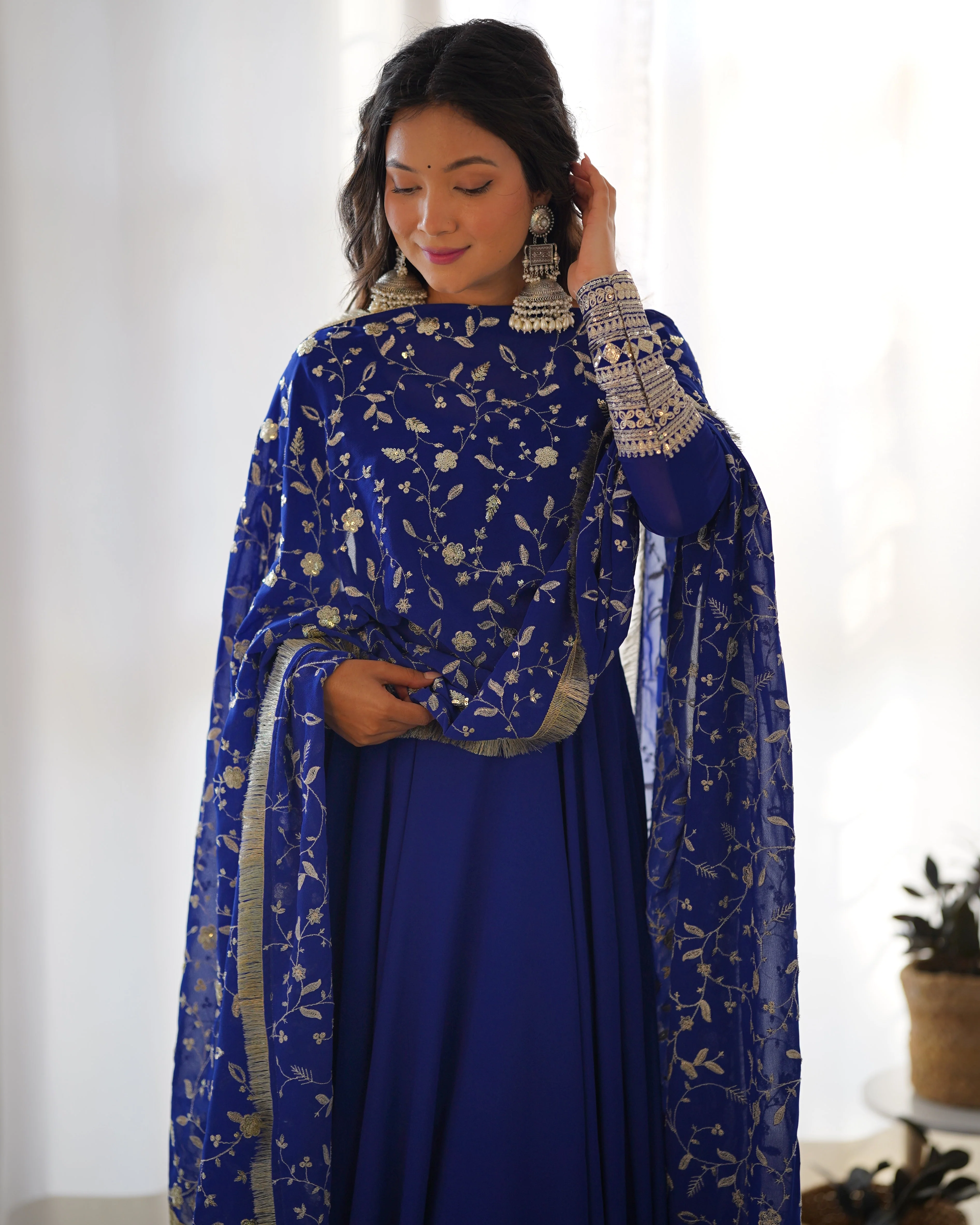 Royal Blue Color Pure Faux Georgette Kurti With Huge Flair Comes With Duppatta & Pant - Image 3