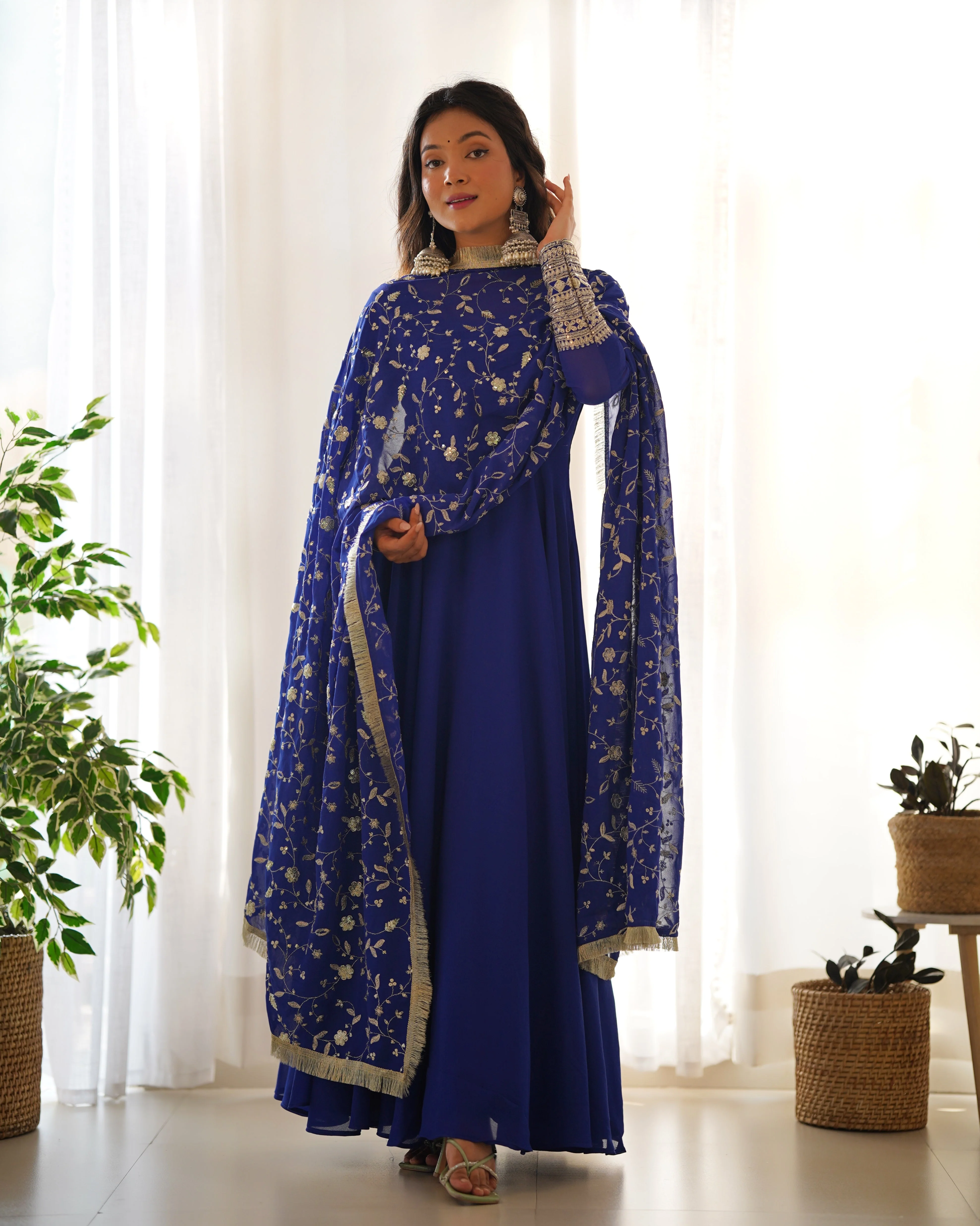 Royal Blue Color Pure Faux Georgette Kurti With Huge Flair Comes With Duppatta & Pant - Image 5