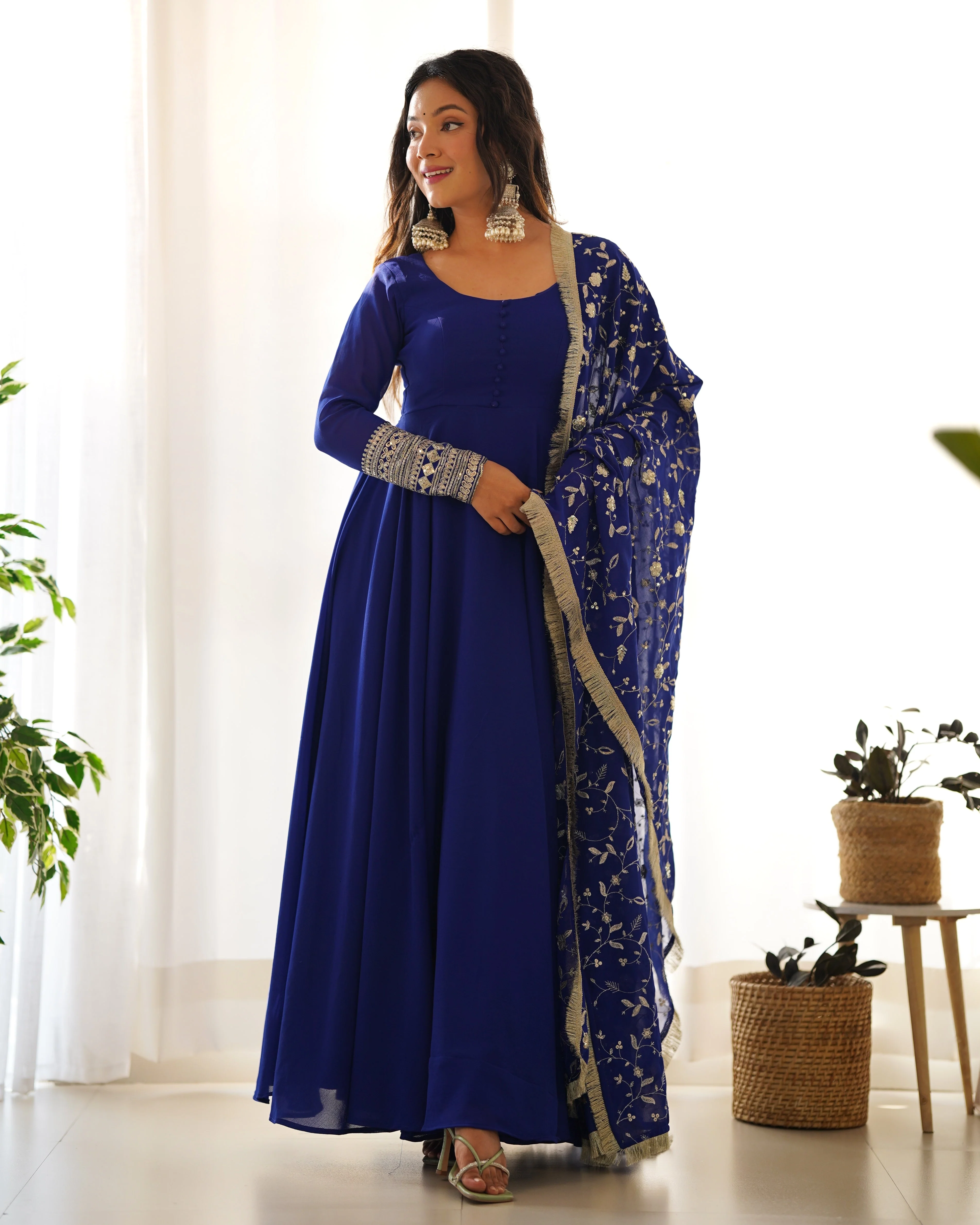 Royal Blue Color Pure Faux Georgette Kurti With Huge Flair Comes With Duppatta & Pant - Image 6