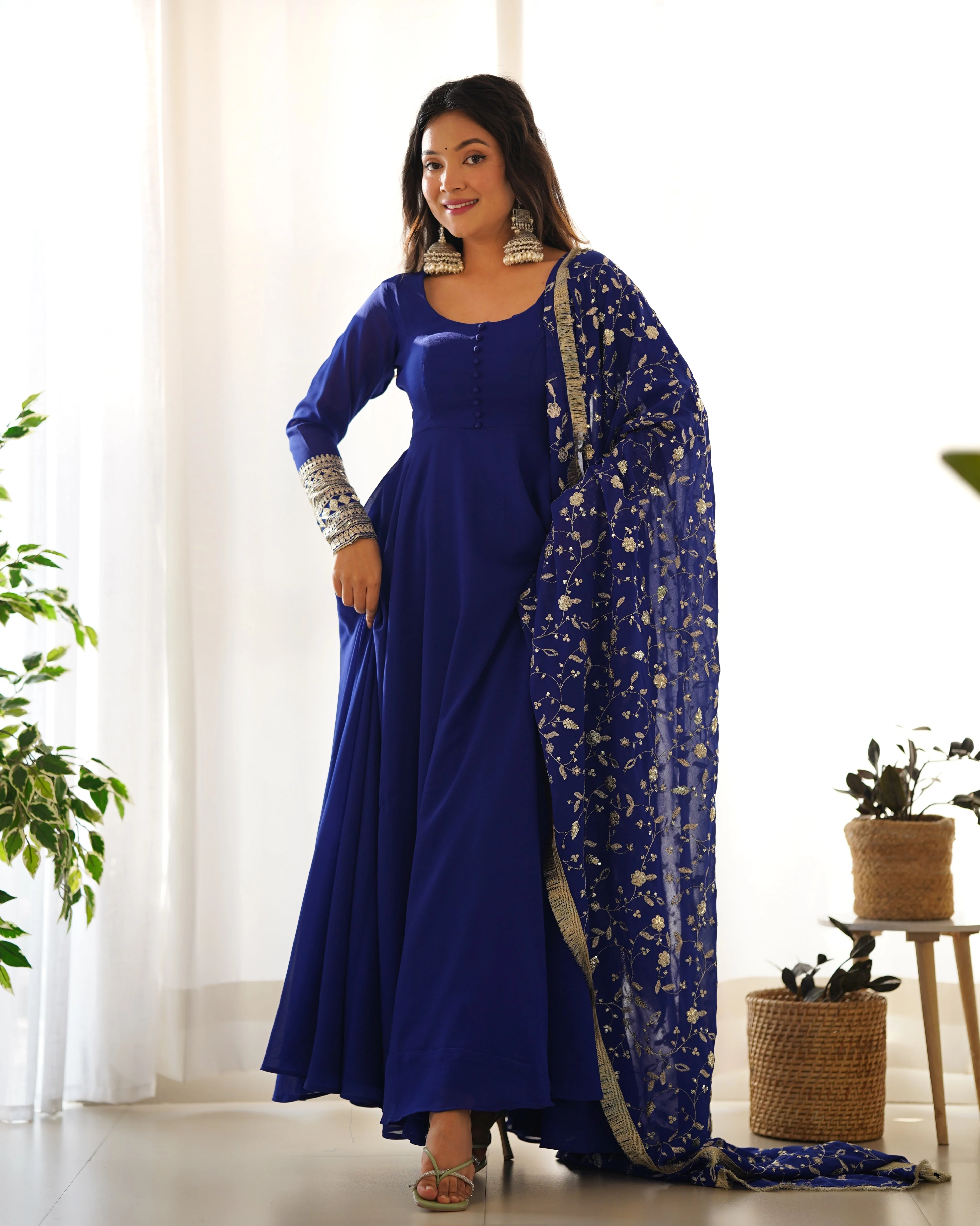 Royal Blue Color Pure Faux Georgette Kurti With Huge Flair Comes With Duppatta & Pant - Image 8