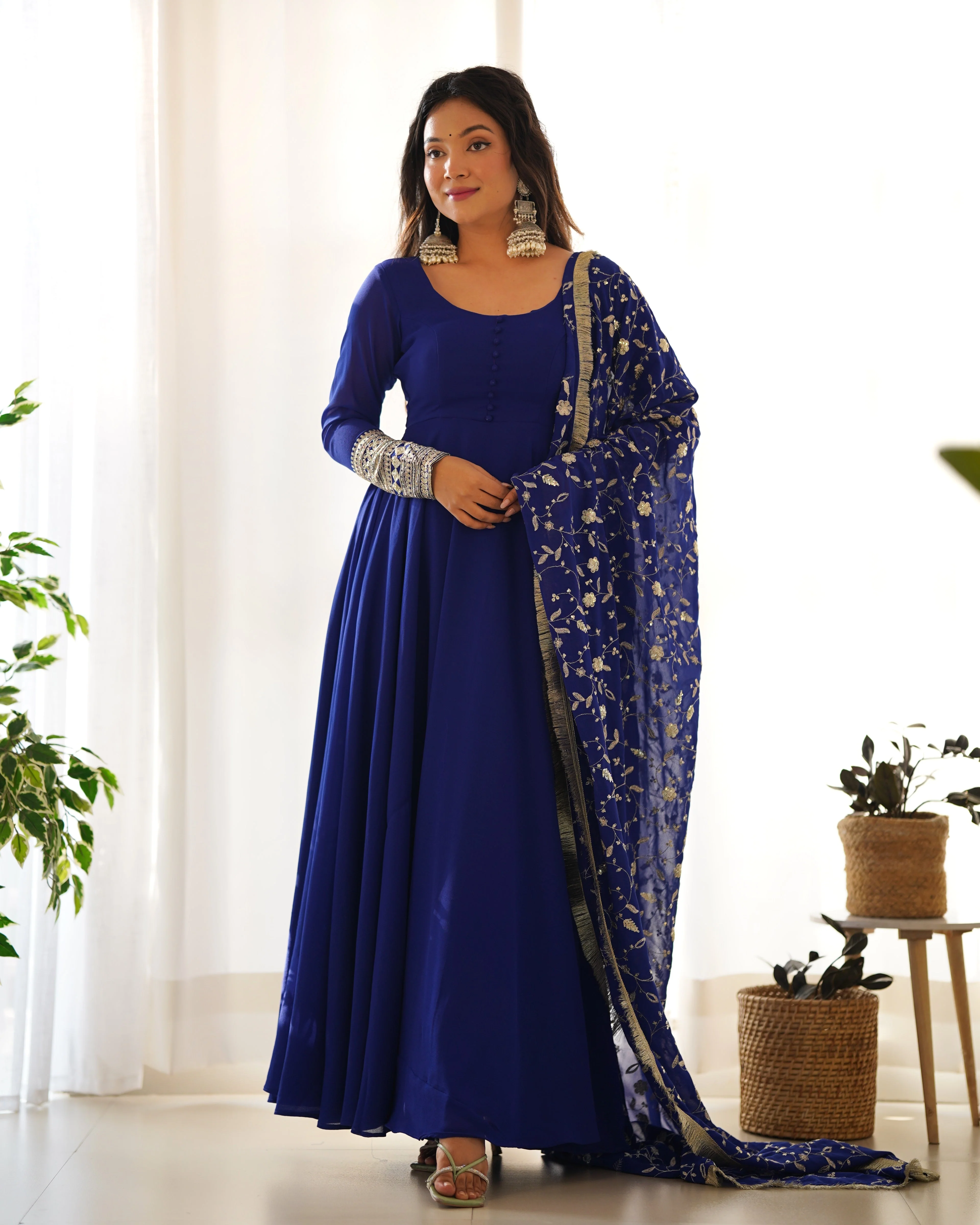 Royal Blue Color Pure Faux Georgette Kurti With Huge Flair Comes With Duppatta & Pant - Image 9