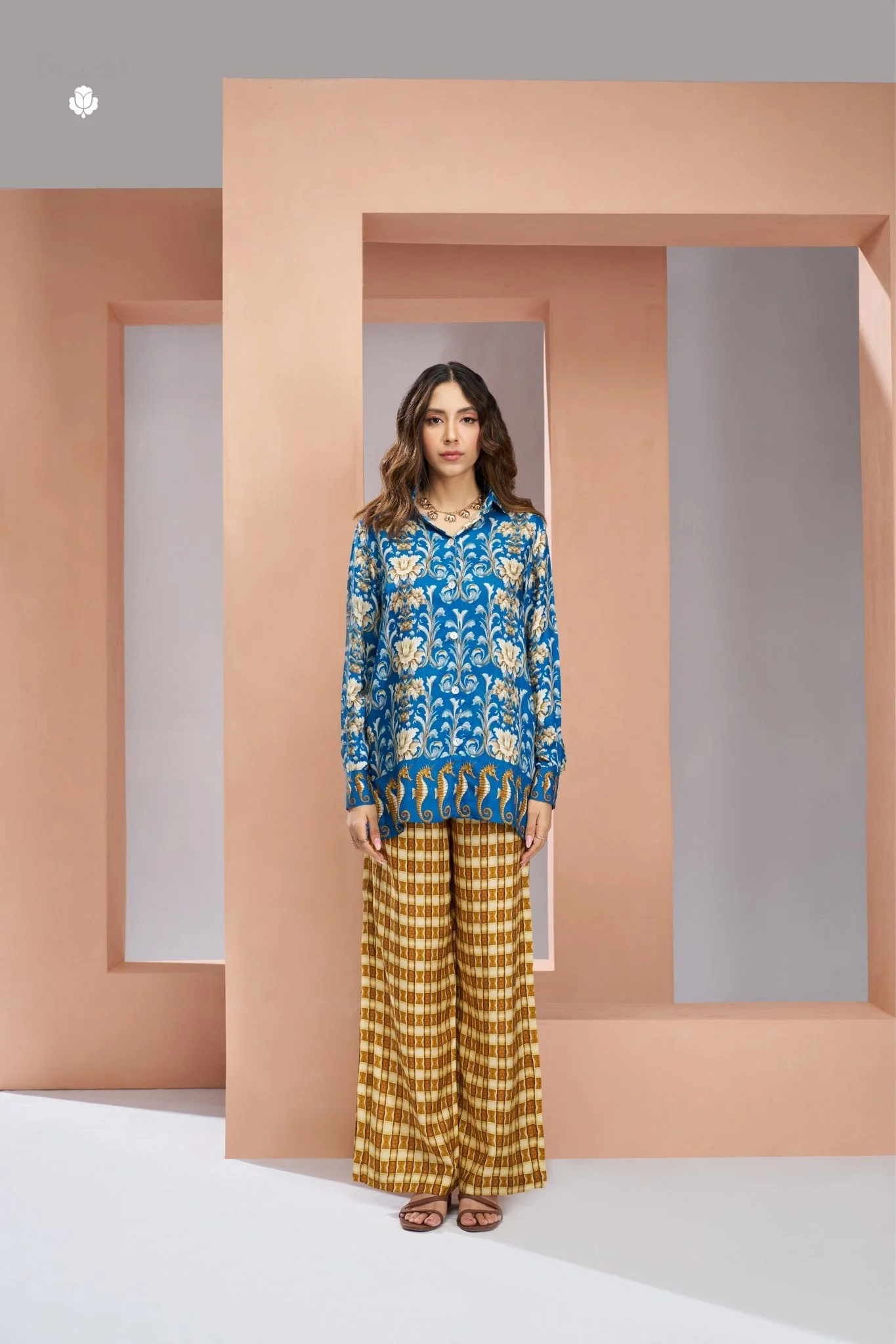 Royal Blue Floral Designer Pure Muslin Silk Co Ord Set