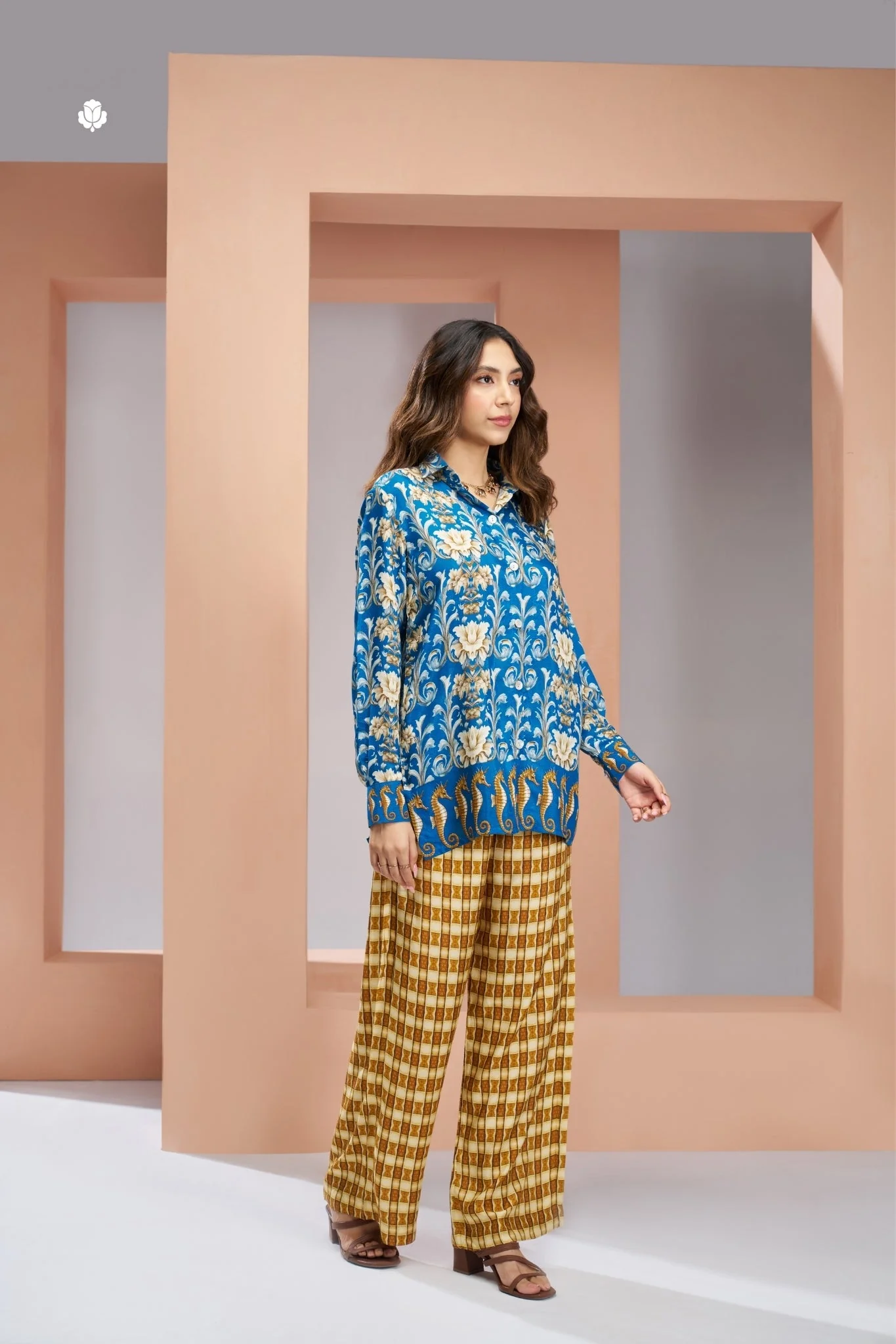 Royal Blue Floral Designer Pure Muslin Silk Co Ord Set - Image 3