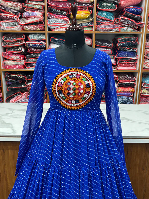Royal Blue Layered Embroidered & Printed Anarkali Gown - Image 9