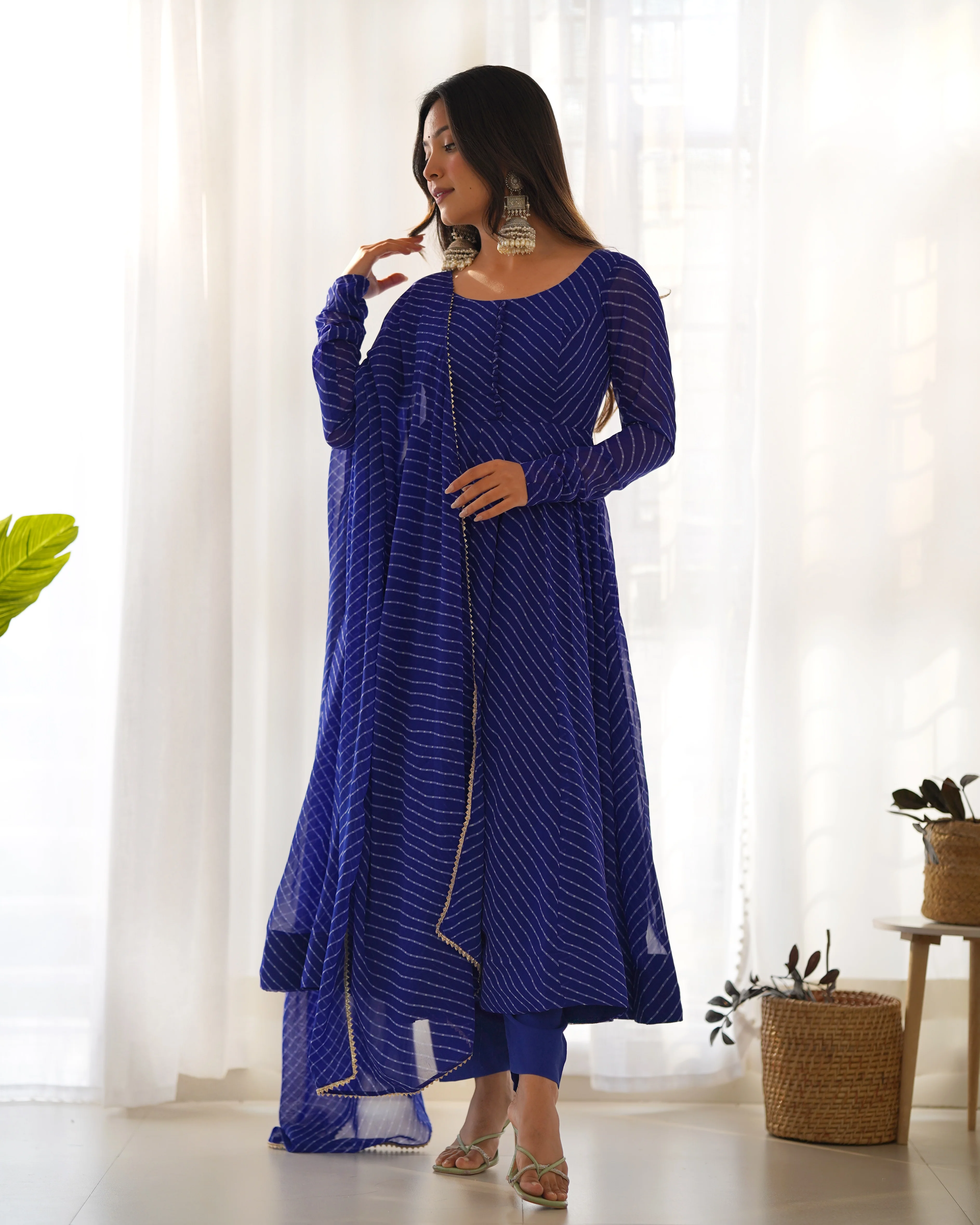 Royal Blue Pure Soft Faux Georgette Leheriya Anarkali Suit With Huge Flair Comes With Duppatta & Pant - Image 3