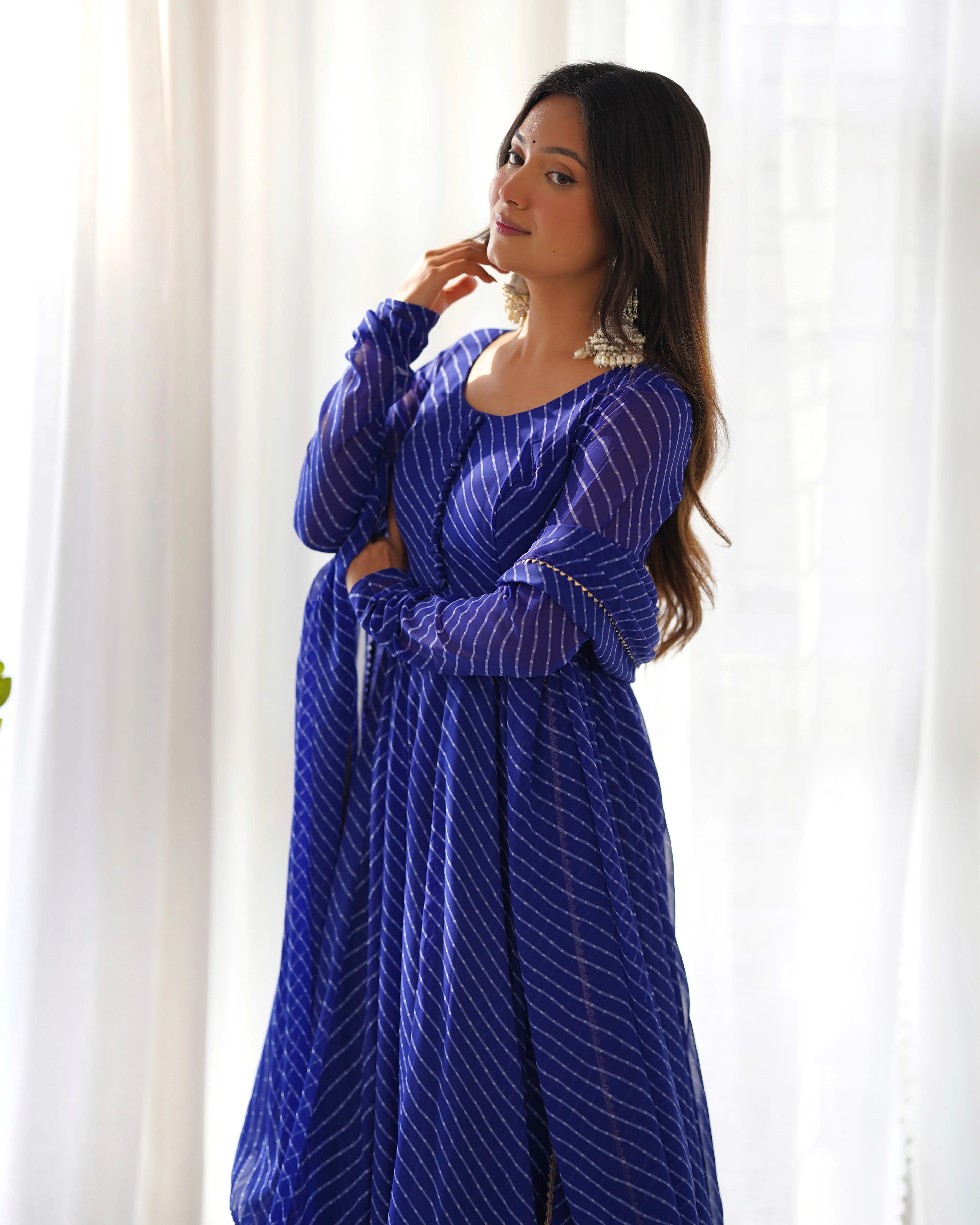 Royal Blue Pure Soft Faux Georgette Leheriya Anarkali Suit With Huge Flair Comes With Duppatta & Pant - Image 4