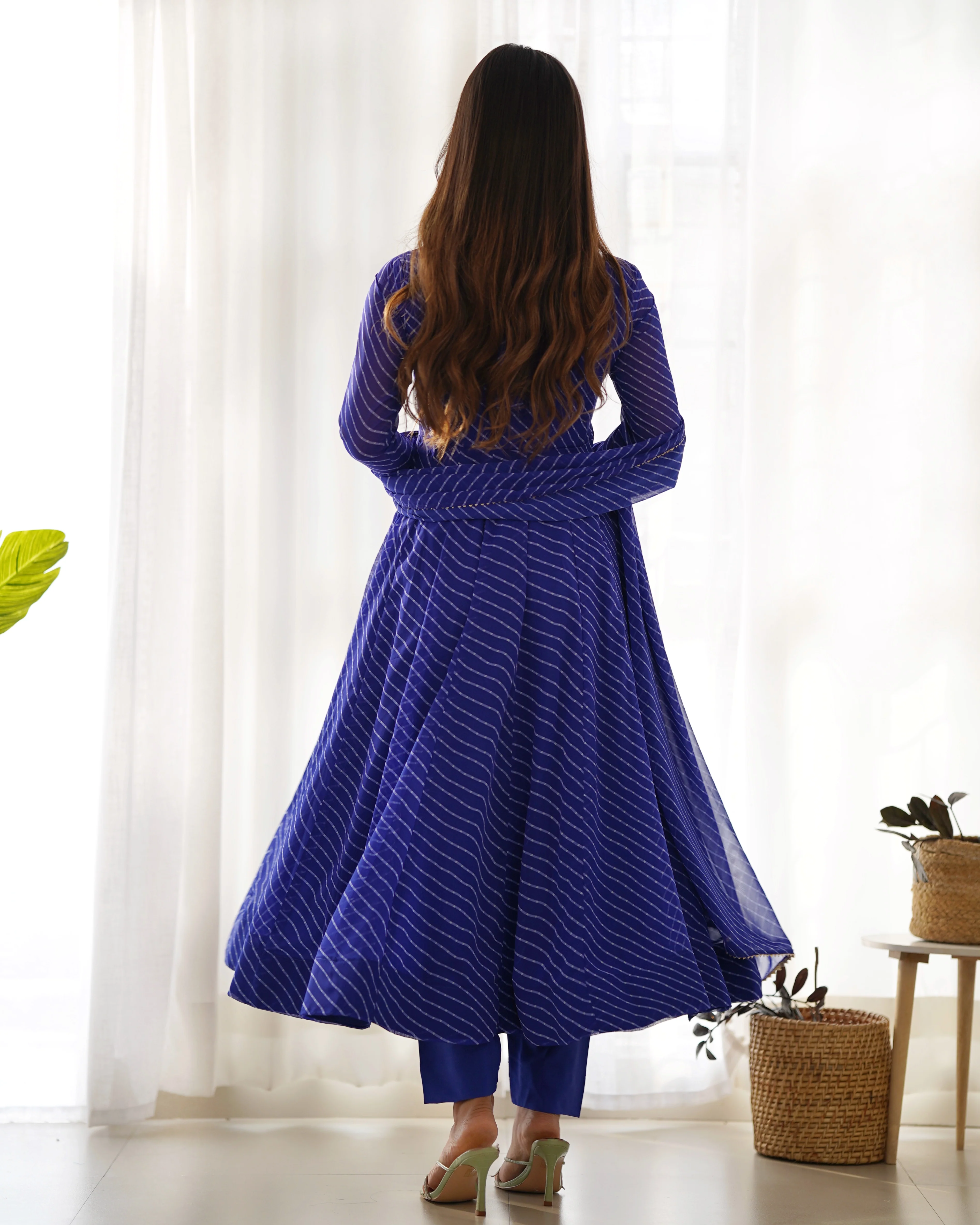 Royal Blue Pure Soft Faux Georgette Leheriya Anarkali Suit With Huge Flair Comes With Duppatta & Pant - Image 6