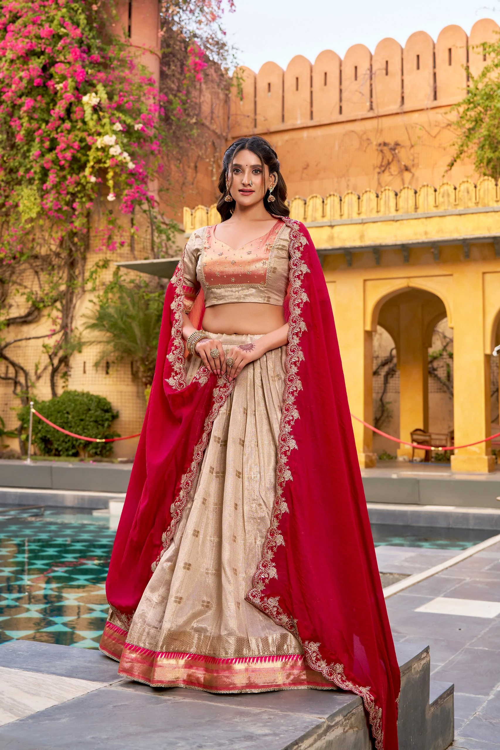 Royal Cream Slub Kota Heavy Flair Lehenga Choli with Designer Dupatta - Image 3