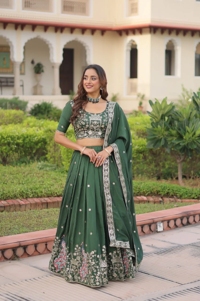 Royal Dark Green Vichitra Silk Sequins Zari Embroidery Lehenga Choli Set - Image 3