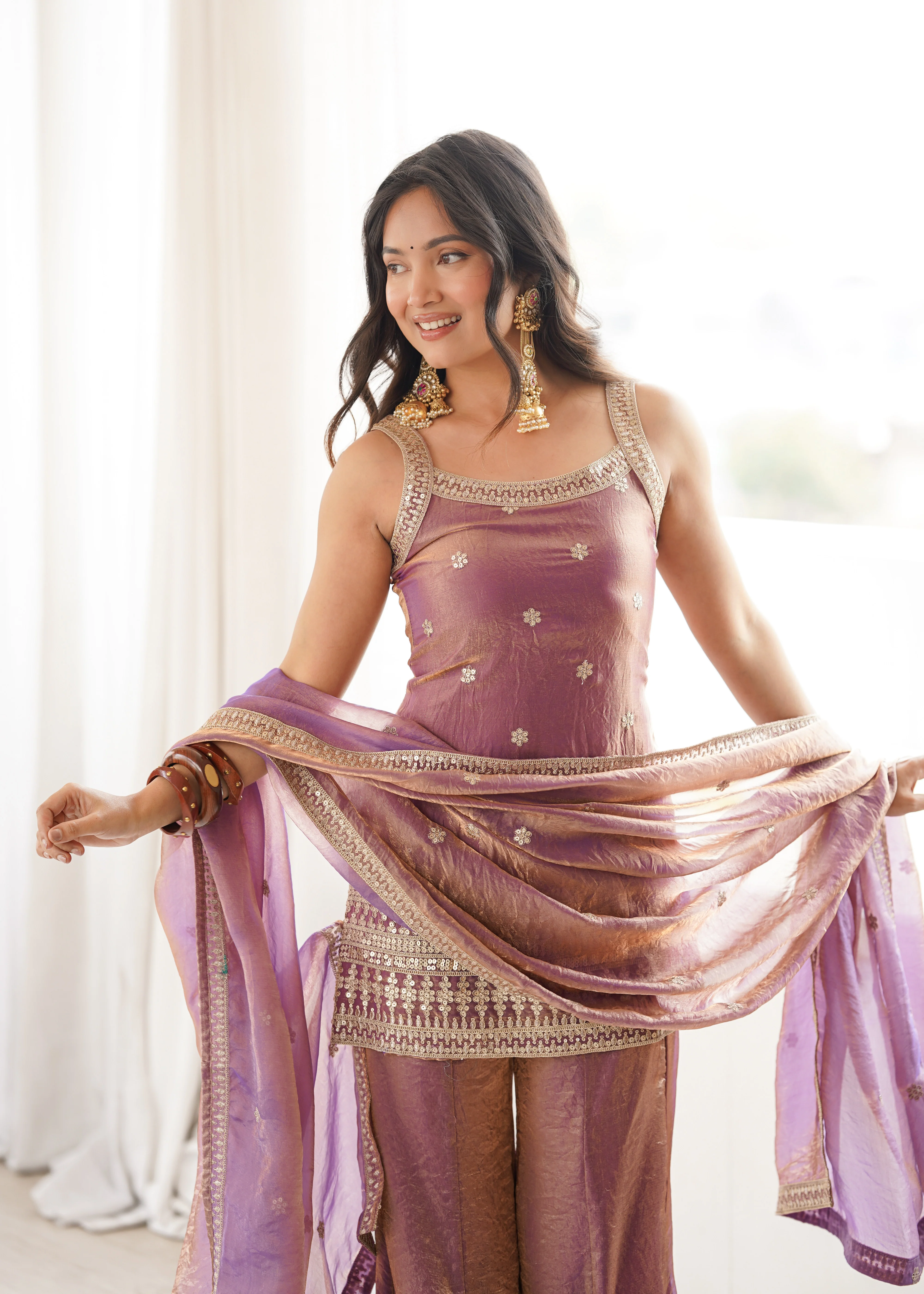 Royal Dusty Pink Frendy Silk Fancy Dori Pattern Kurta with Dupatta and Pant - Image 2
