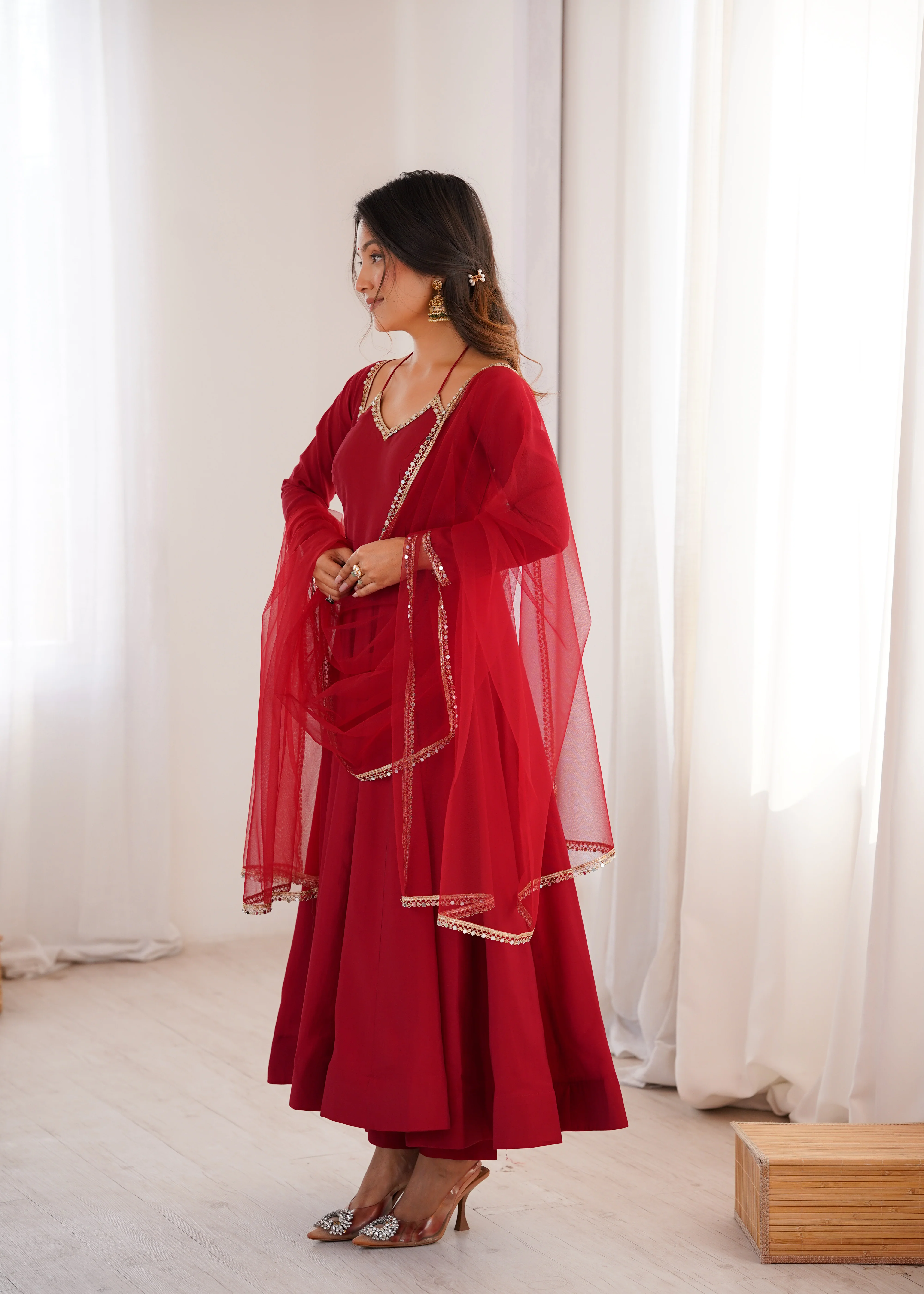 Royal Georgette Maroon Anarkali Gown with Dupatta - Image 3