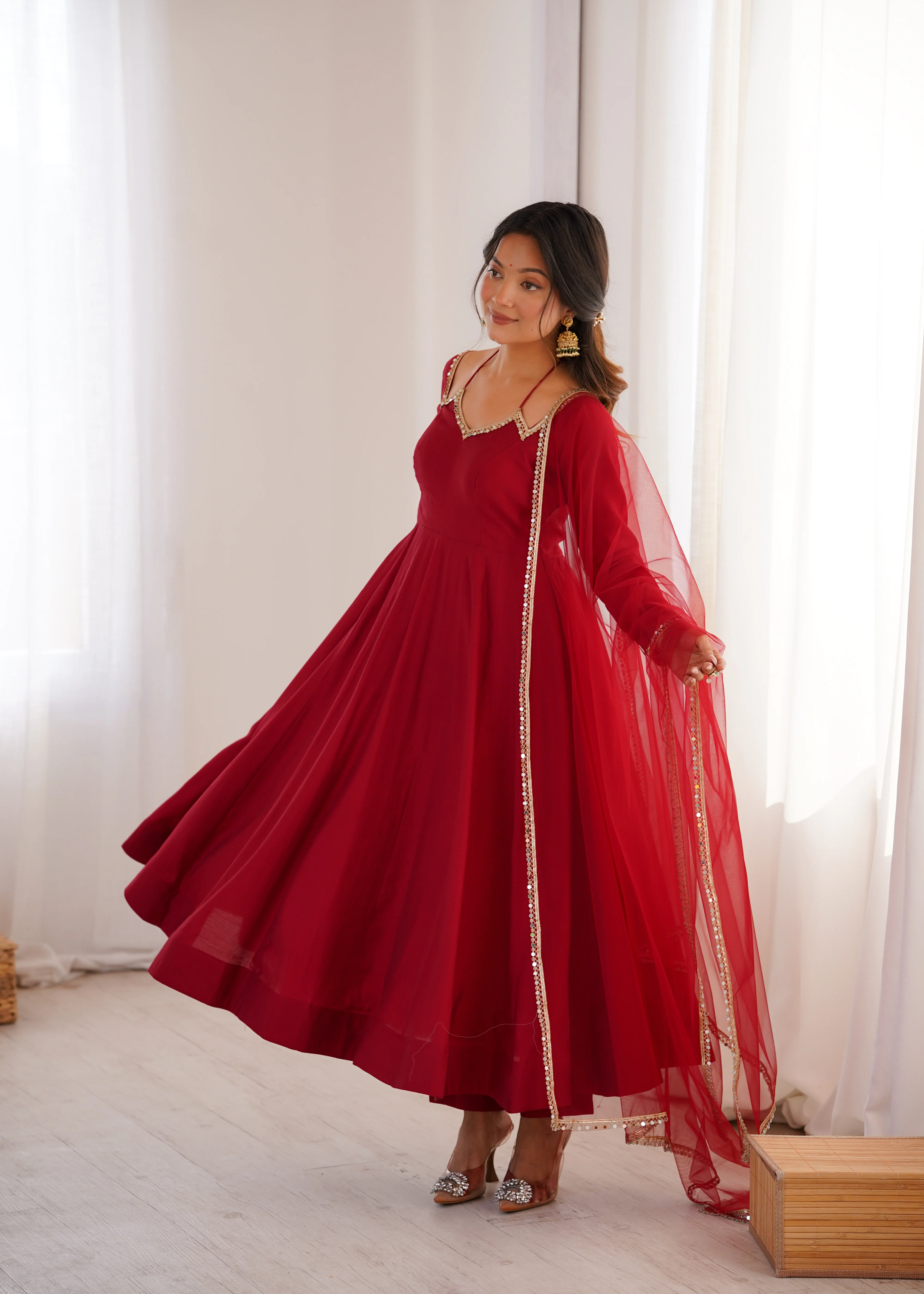 Royal Georgette Maroon Anarkali Gown with Dupatta - Image 4