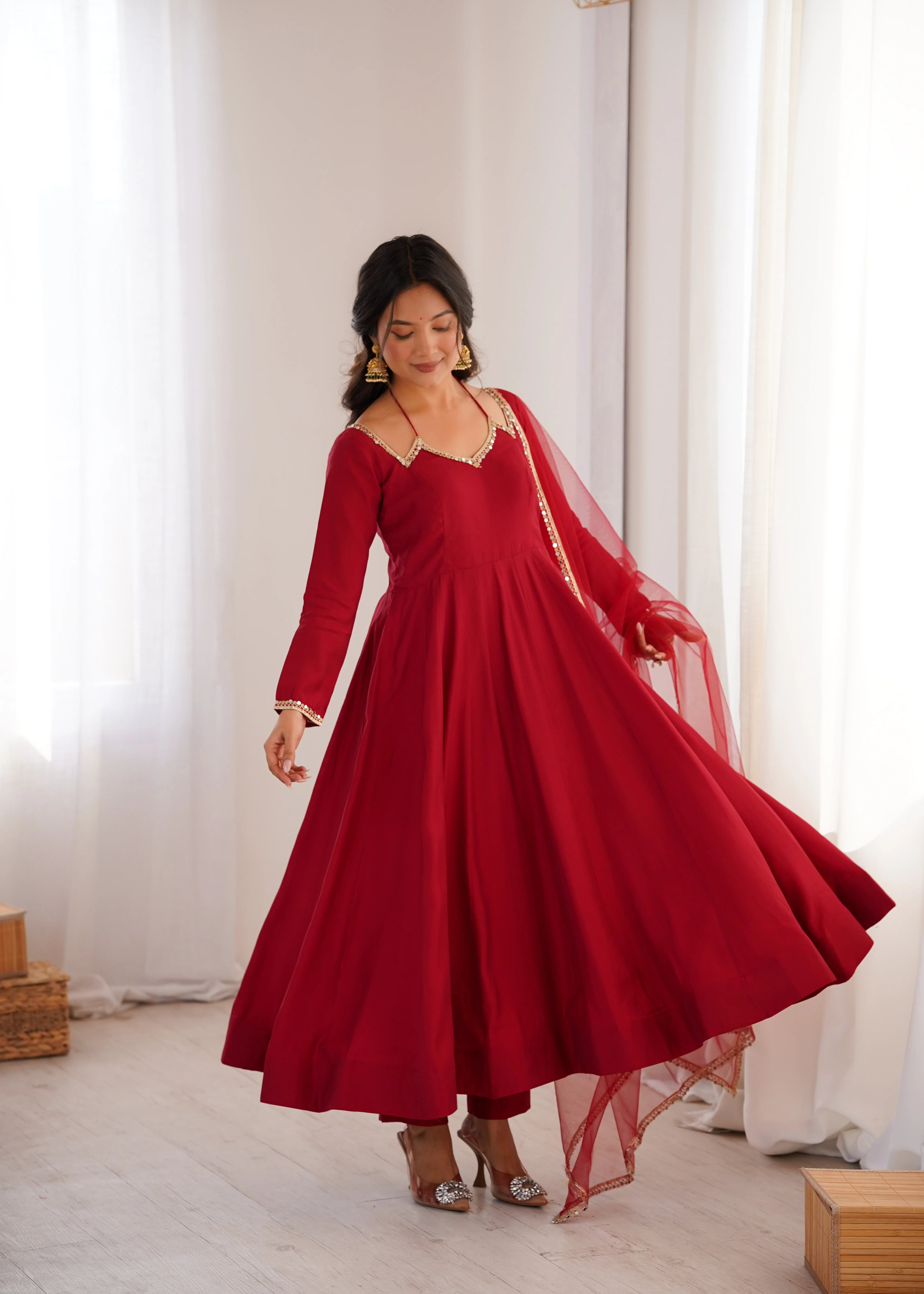 Royal Georgette Maroon Anarkali Gown with Dupatta - Image 5