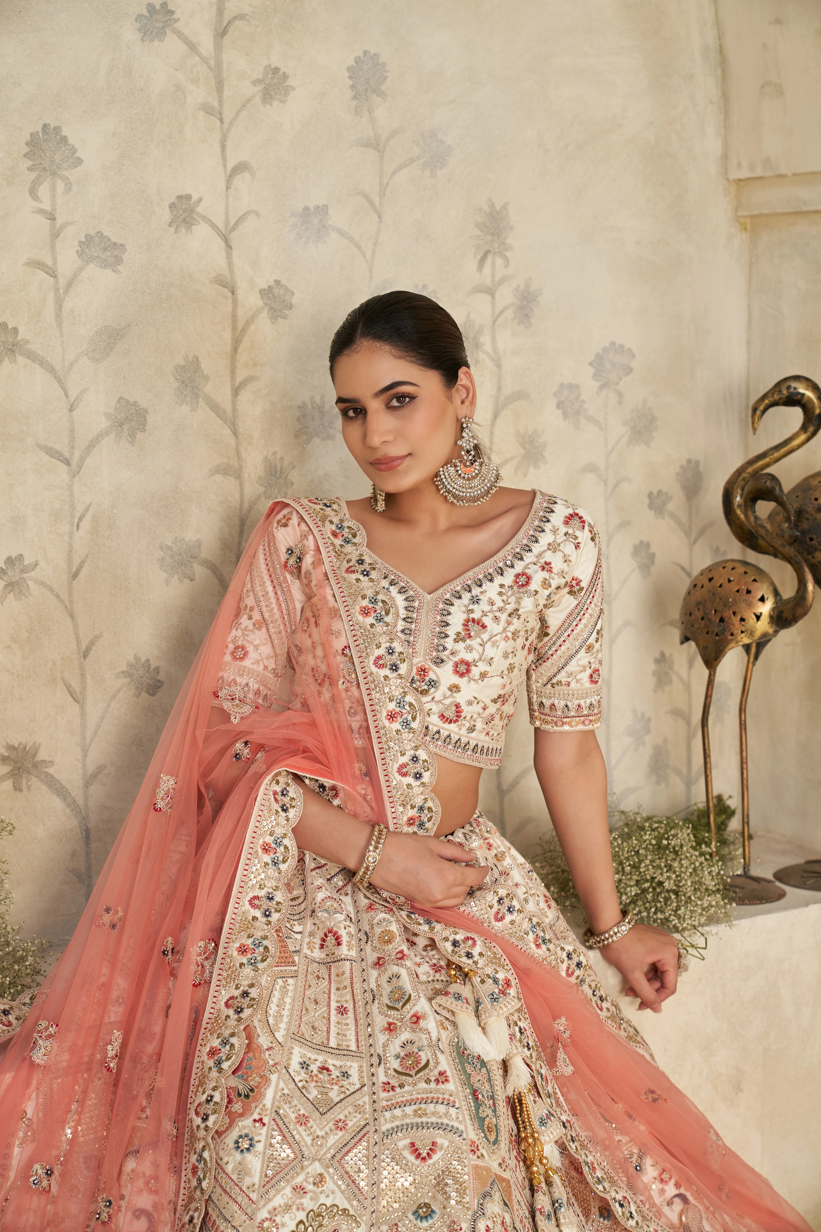 Royal Grandeur Cream Zari Embroidered Bridal Lehenga Choli Set - Image 5
