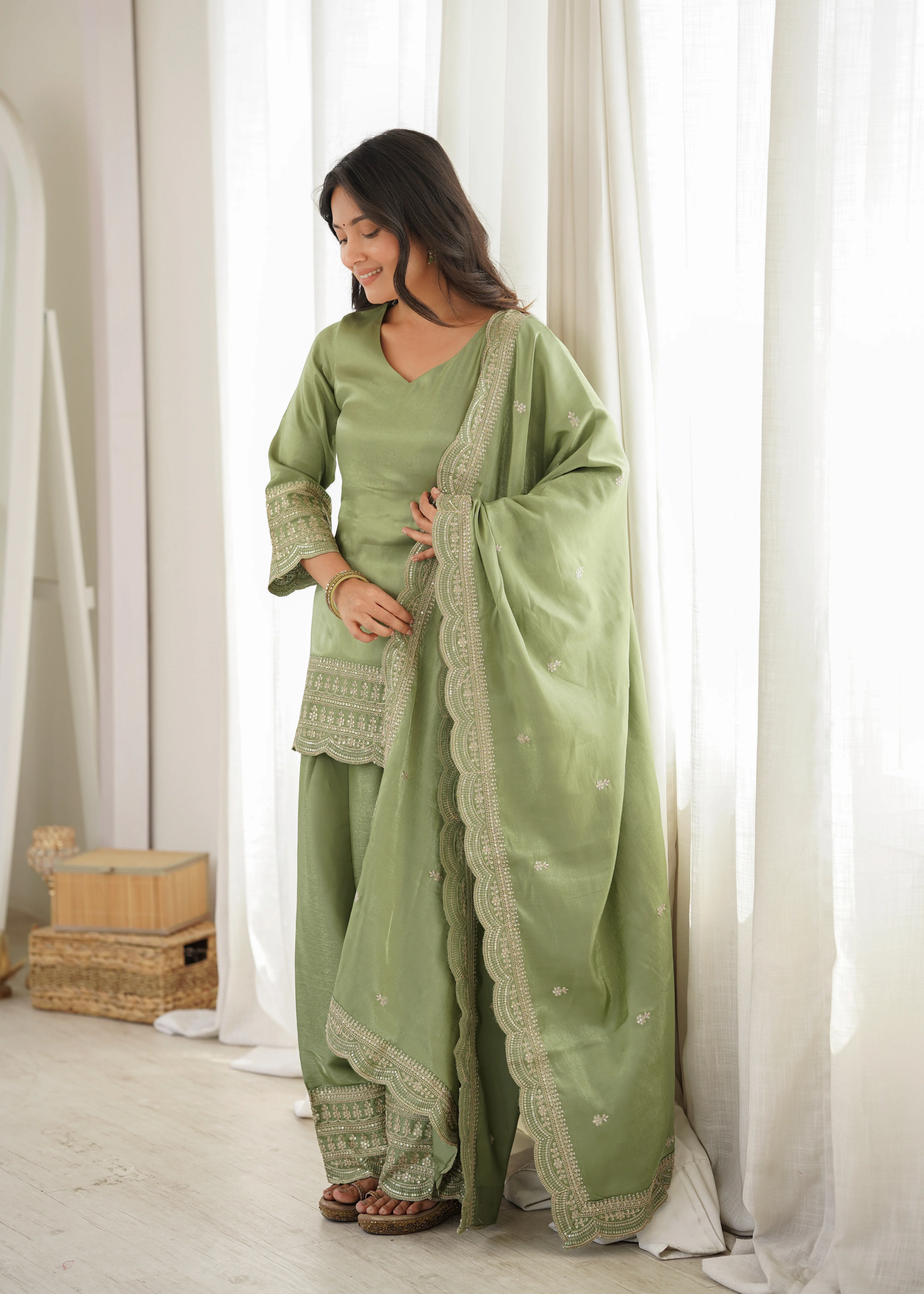 Royal Green Roman Silk Fancy Kurta with Farshi Shalwar and Dupatta - Image 5