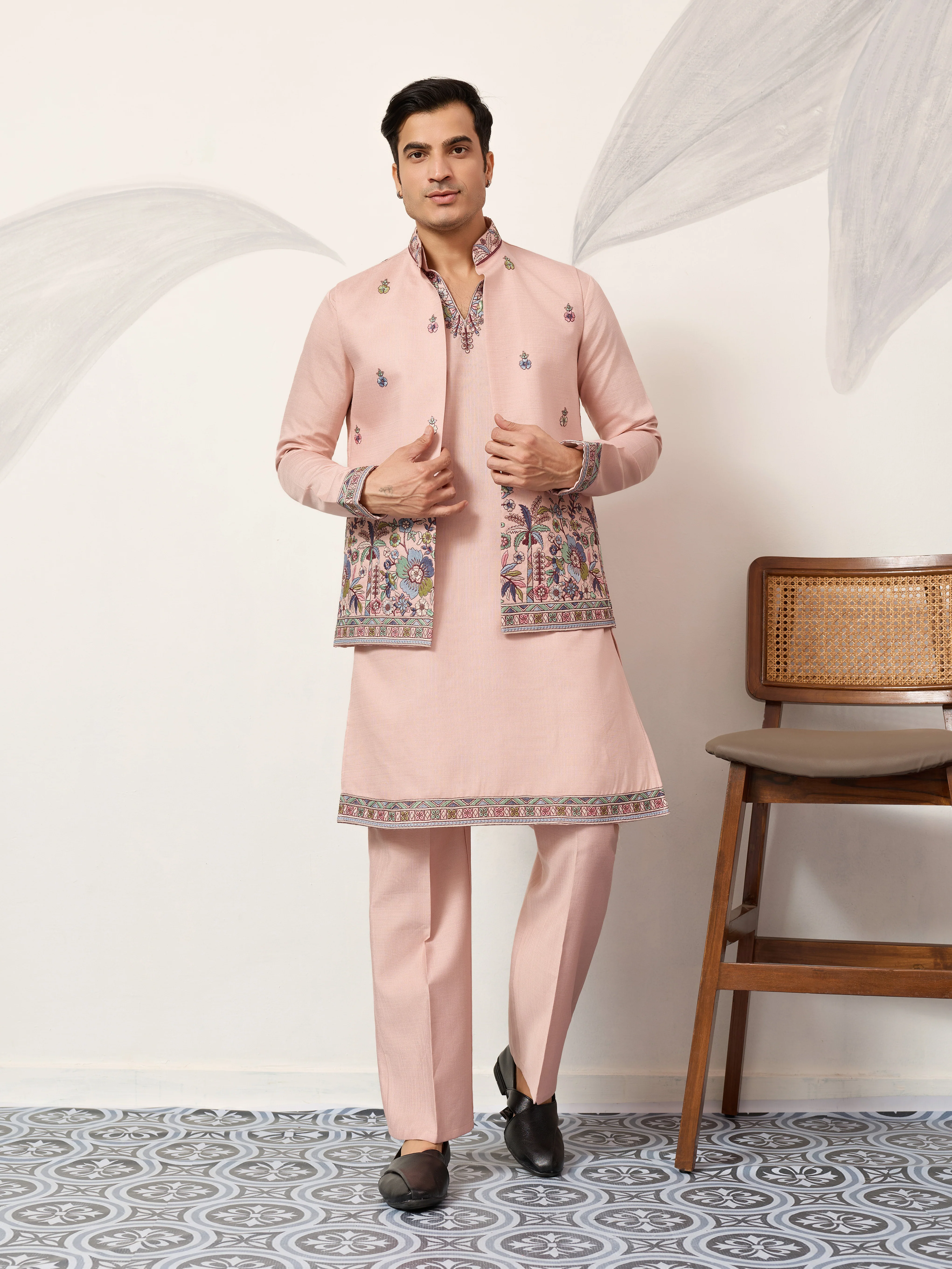 Royal Groom Ceremony Peach Koti Kurta Pair Mens Wear - Image 2