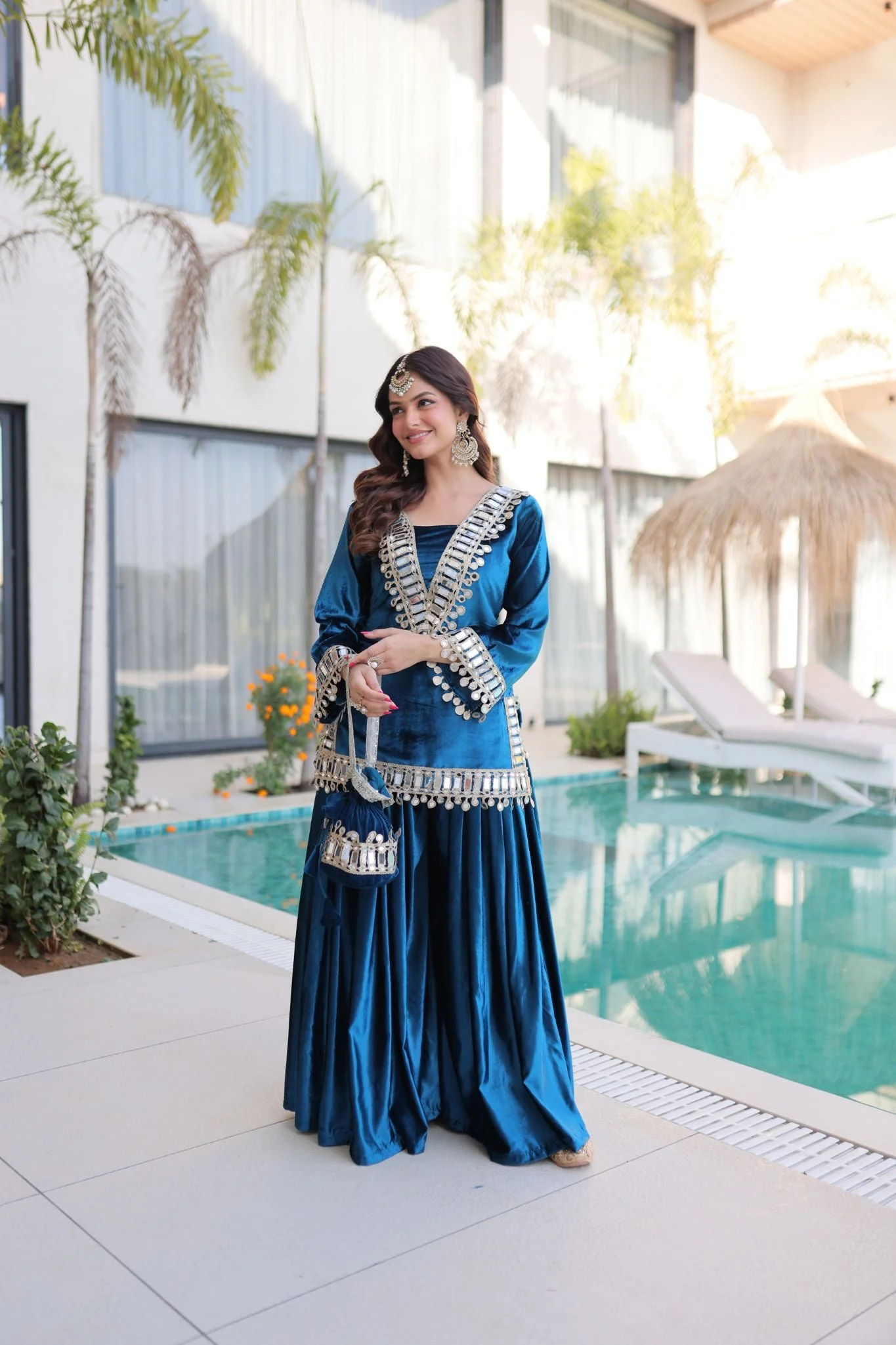 Royal Ice Velvet Zari And Mirror Embroidered Luxury Co Ord Set With Batwa - Image 6