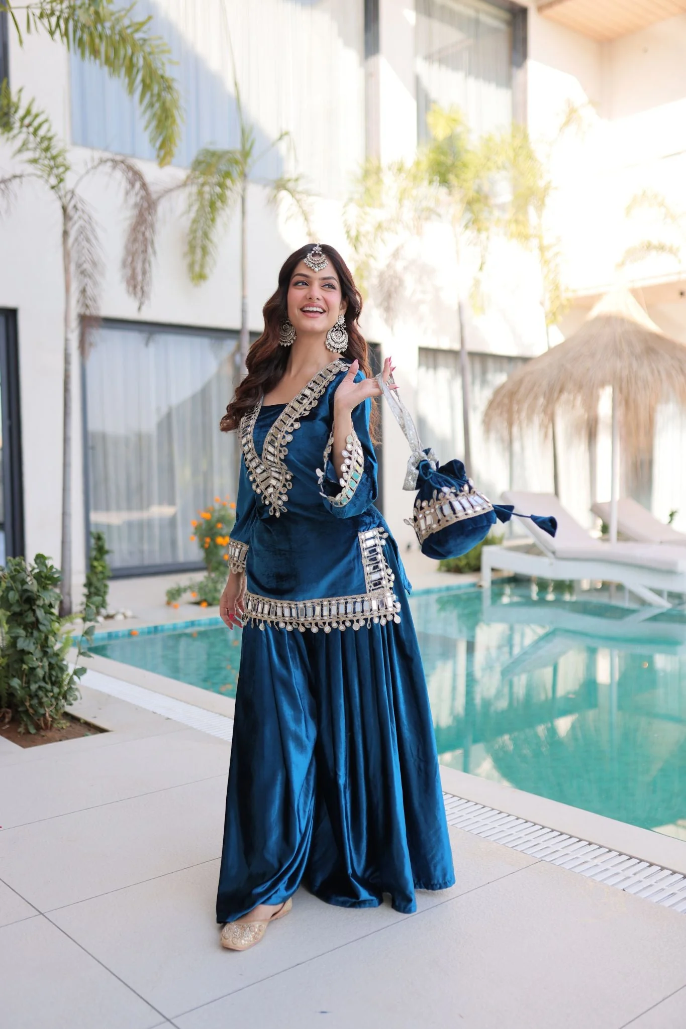 Royal Ice Velvet Zari And Mirror Embroidered Luxury Co Ord Set With Batwa - Image 8