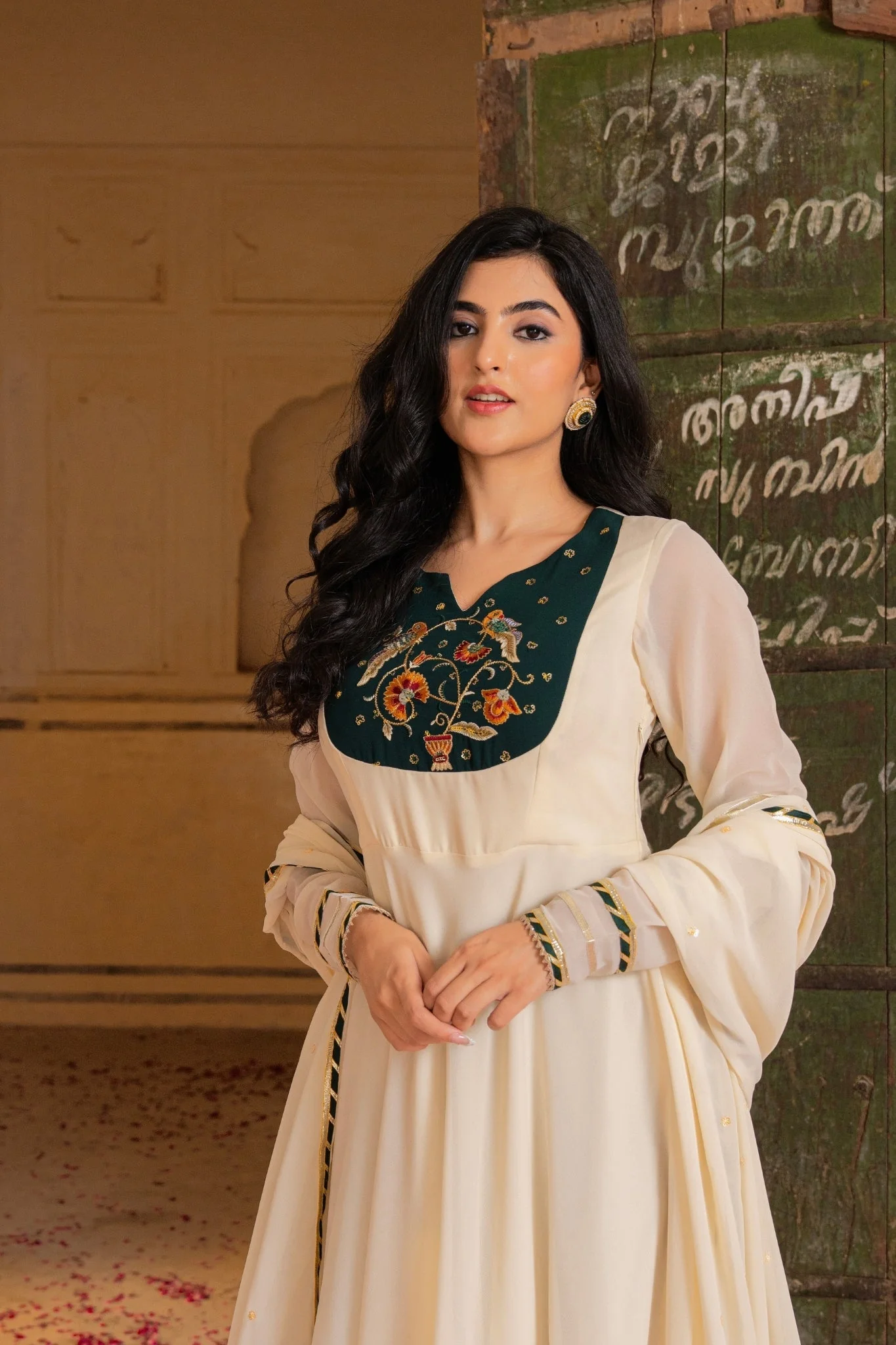Royal Ivory Flow Anarkali Featuring Emerald Hand Embroidered Detail - Image 6