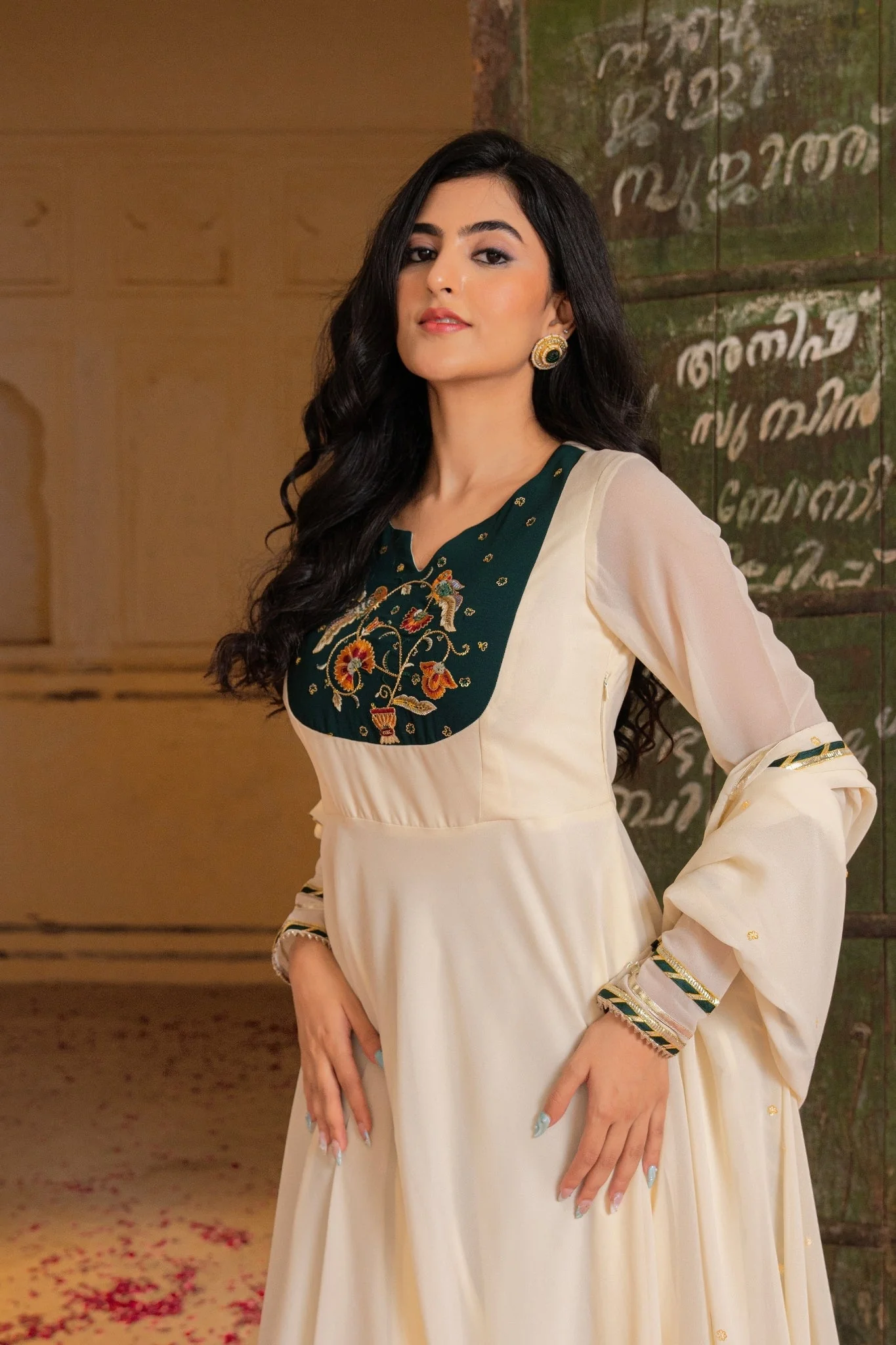 Royal Ivory Flow Anarkali Featuring Emerald Hand Embroidered Detail - Image 7