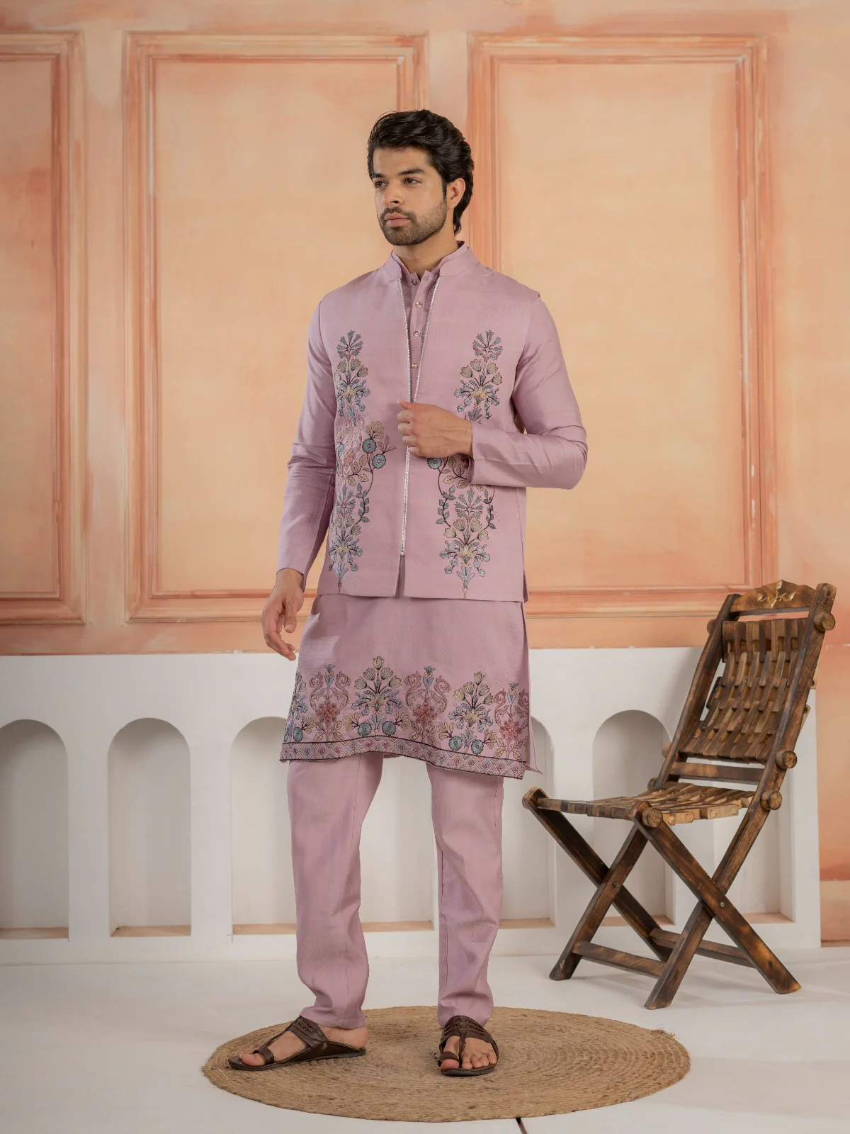 Royal Lavender Thread & Embroidered Koti Kurta Set for Mens