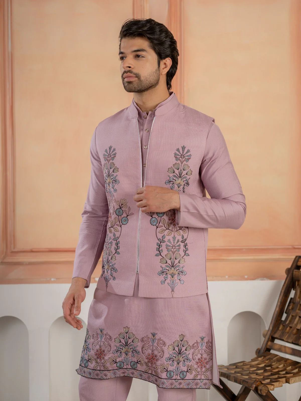 Royal Lavender Thread & Embroidered Koti Kurta Set for Mens - Image 2