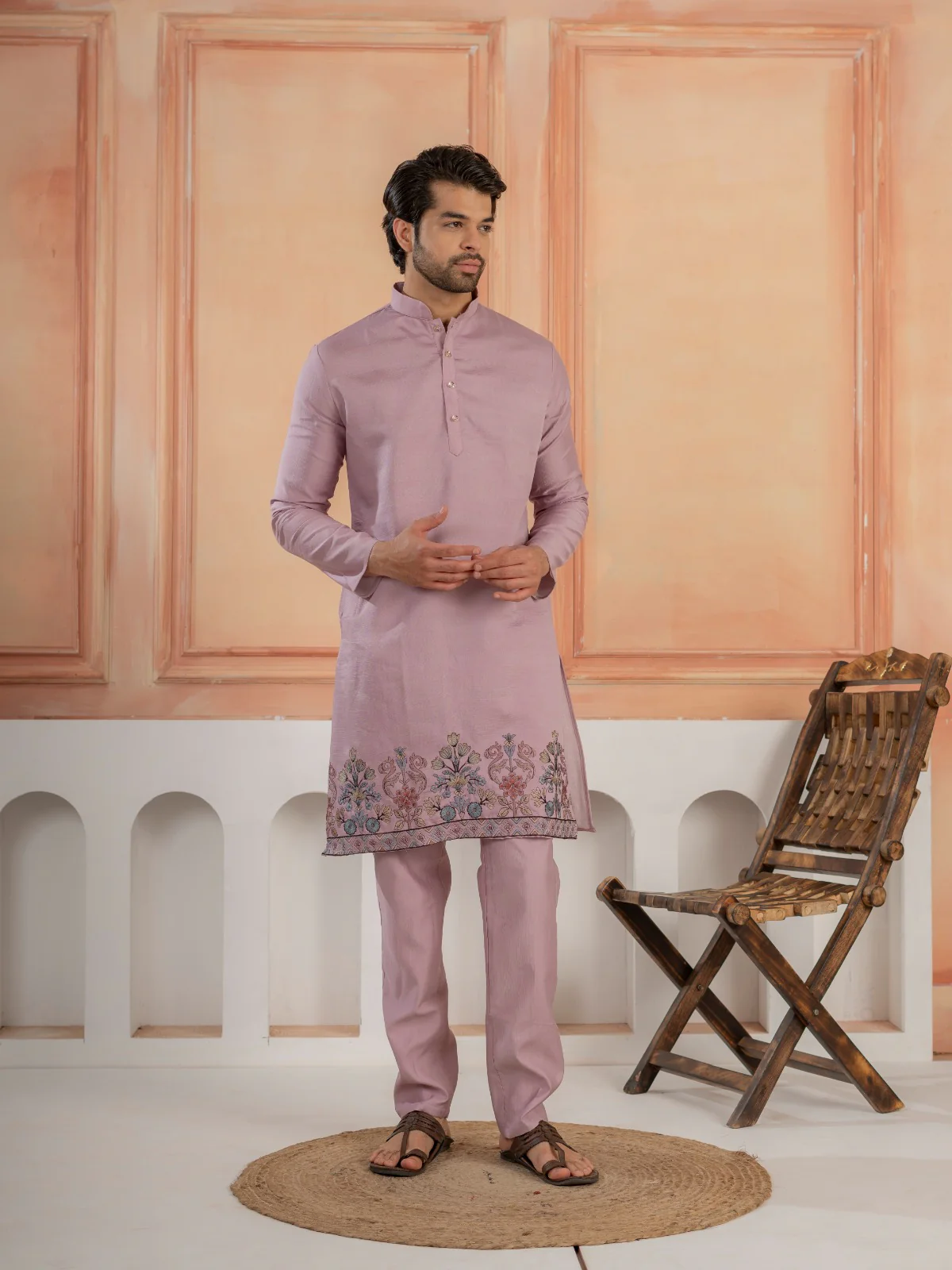 Royal Lavender Thread & Embroidered Koti Kurta Set for Mens - Image 6